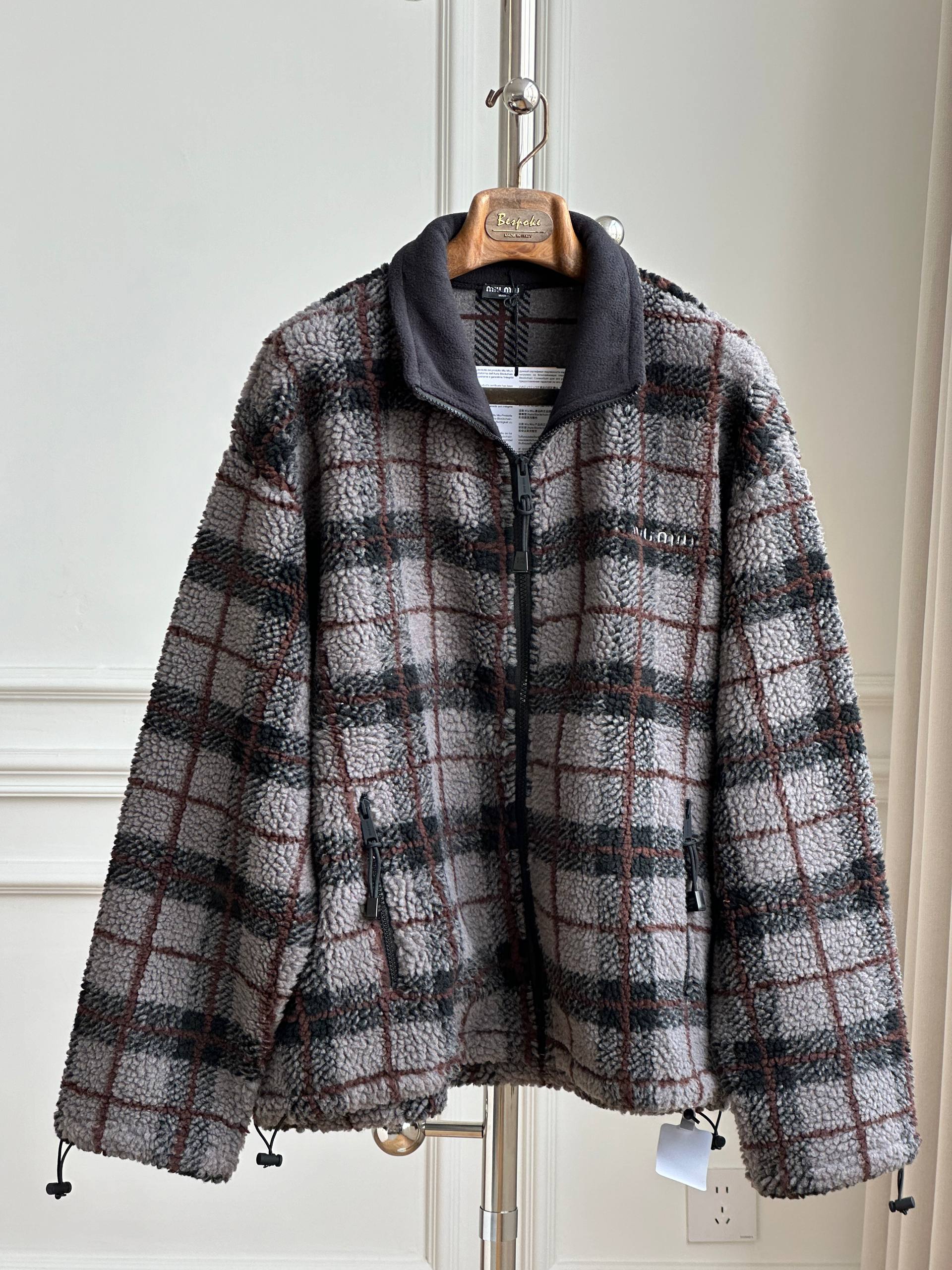 Miu Miu Plaid Fleece Stand Collar Zip-up Cropped Jacket
