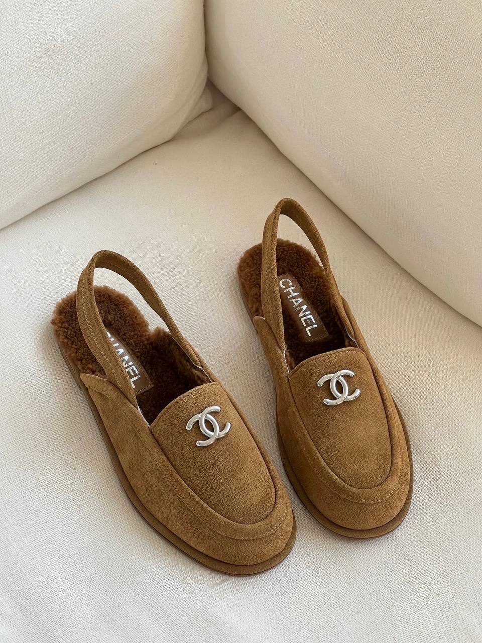 CHANEL Shearling Lined Suede Slingback Loafer Mules