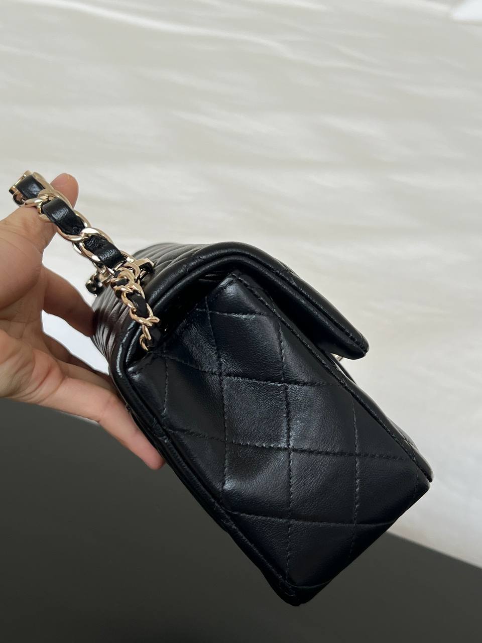 Chanel Black Lambskin Mini Classic Flap With Top Handle