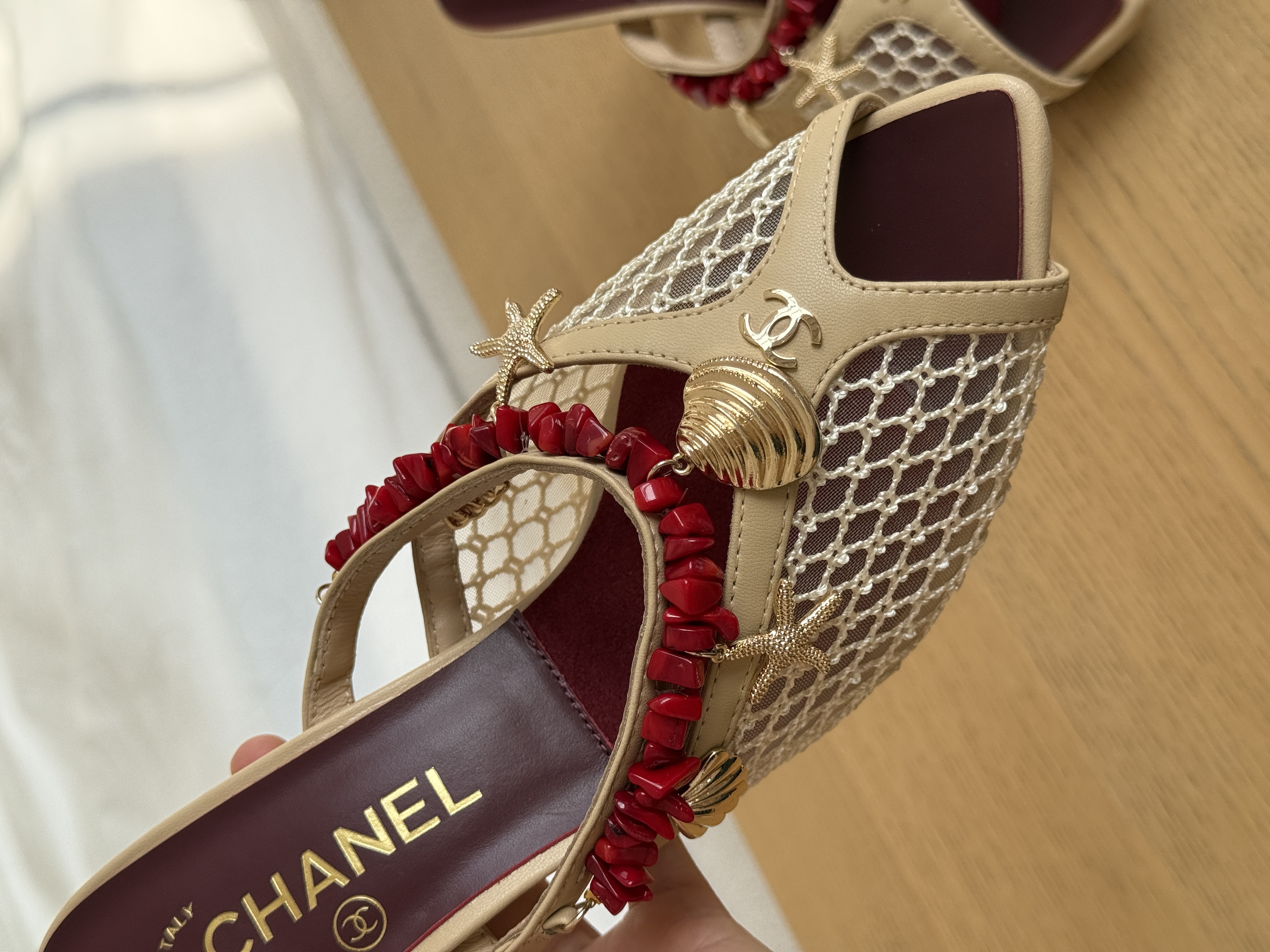 Chanel Mesh & Leather Red Bead Ocean Charm Block Heel Open-Toe Mule Sandals