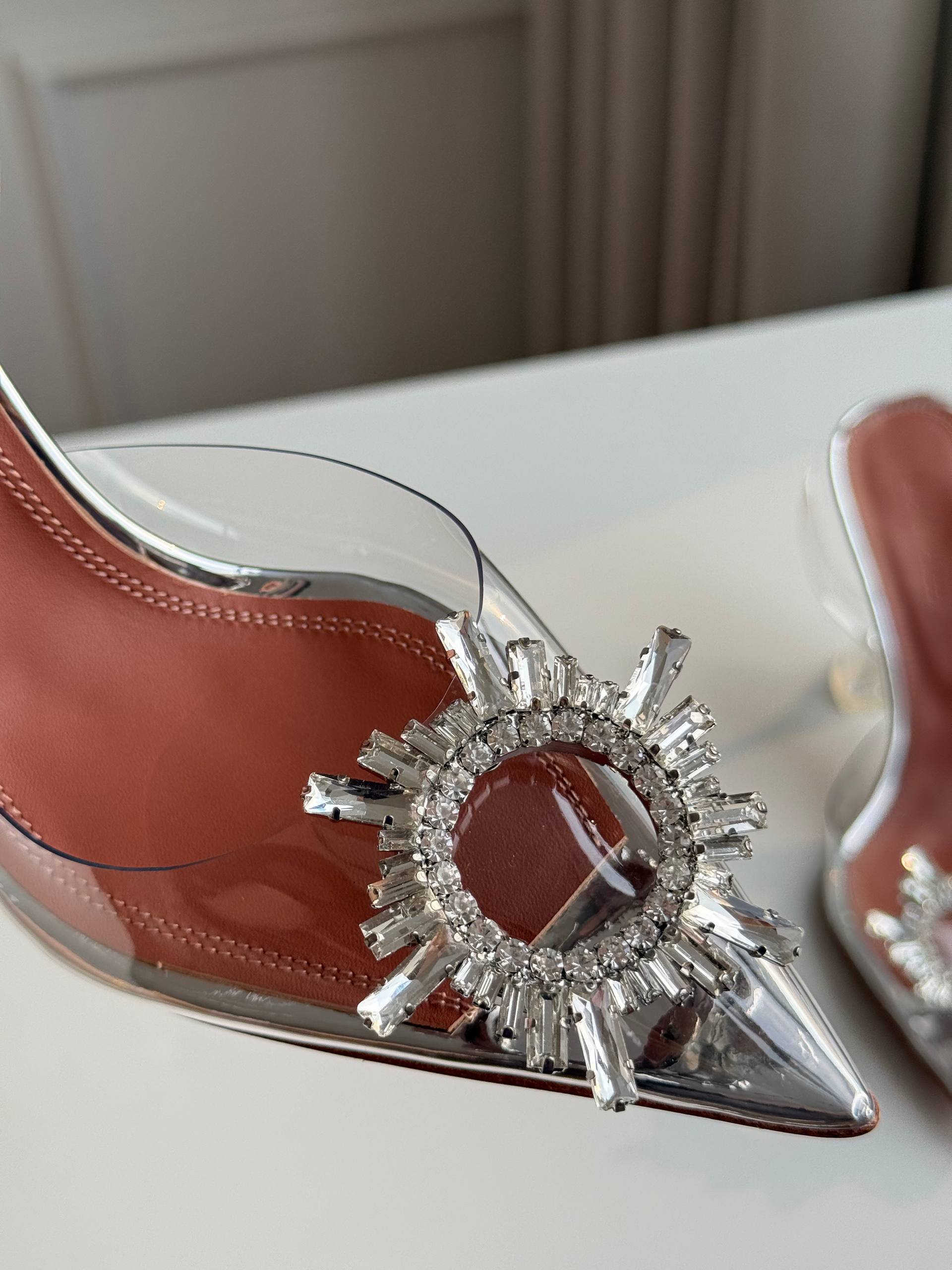 Anna Muaddi Crystal Sun Embellished Clear PVC Pointed Toe Transparent Heel Slingback Sandals