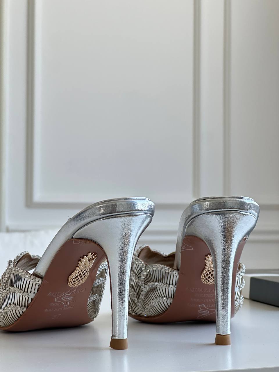 Aquazzura Silver Beaded Scalloped Open-Toe Stiletto Mules