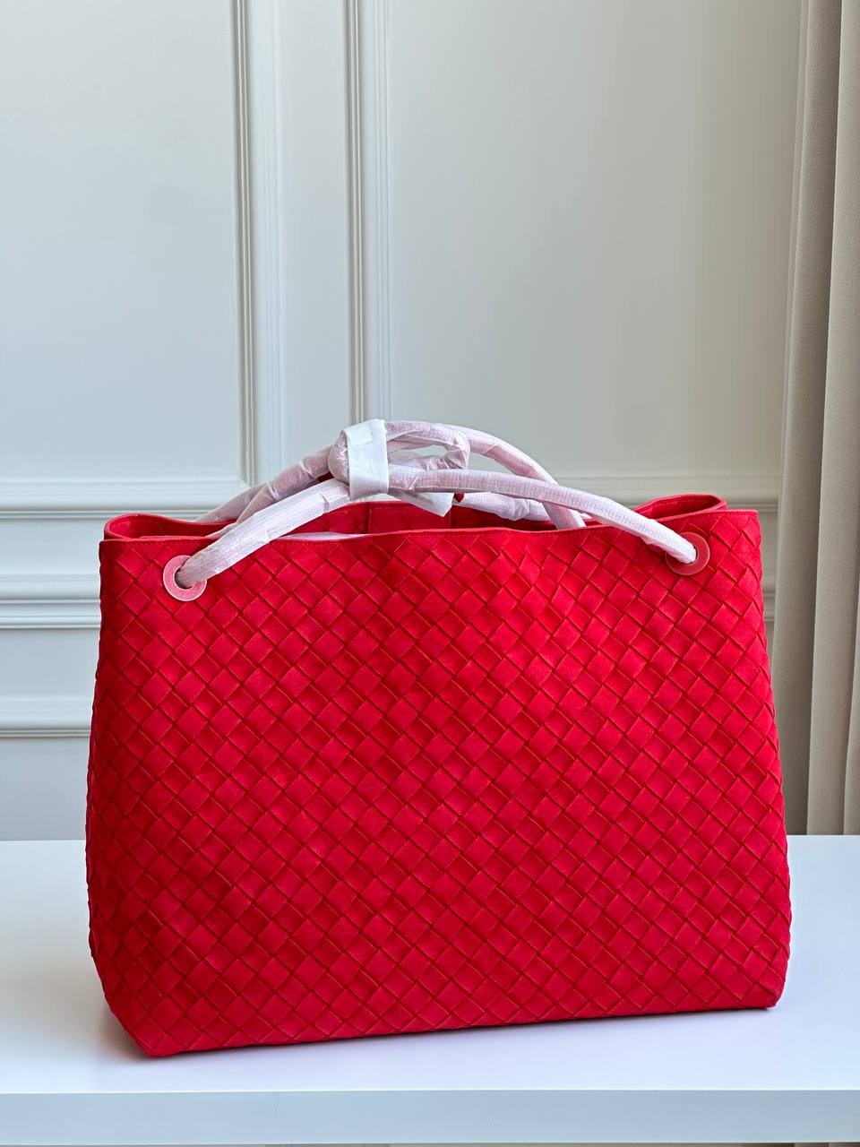Bottega Veneta Bright Red Intrecciato Hand-Woven Leather Knot Buckle Large Tote Bag