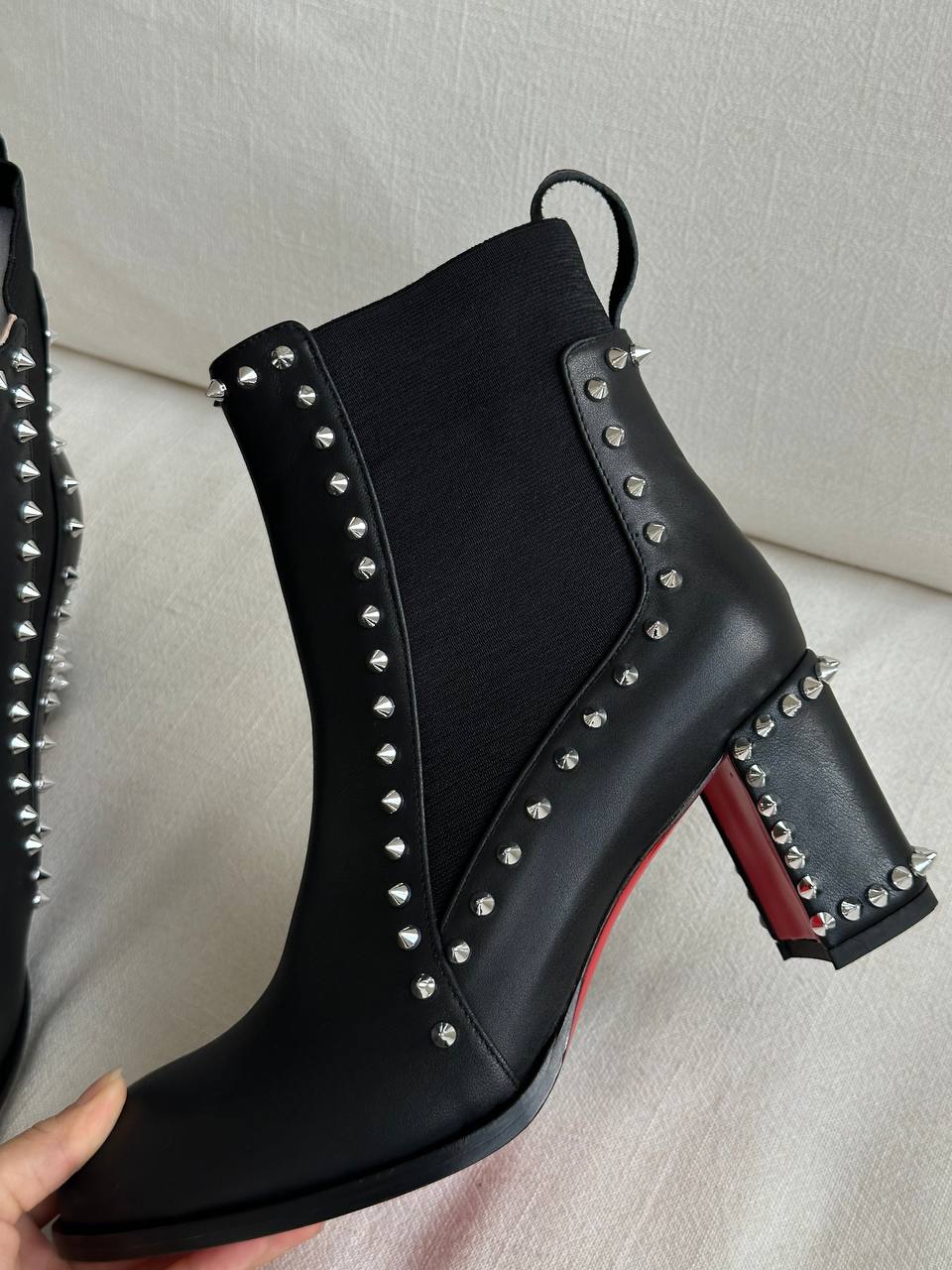 Christian Louboutin Black Smooth Calfskin Studded Block Heel Chelsea Ankle Boots