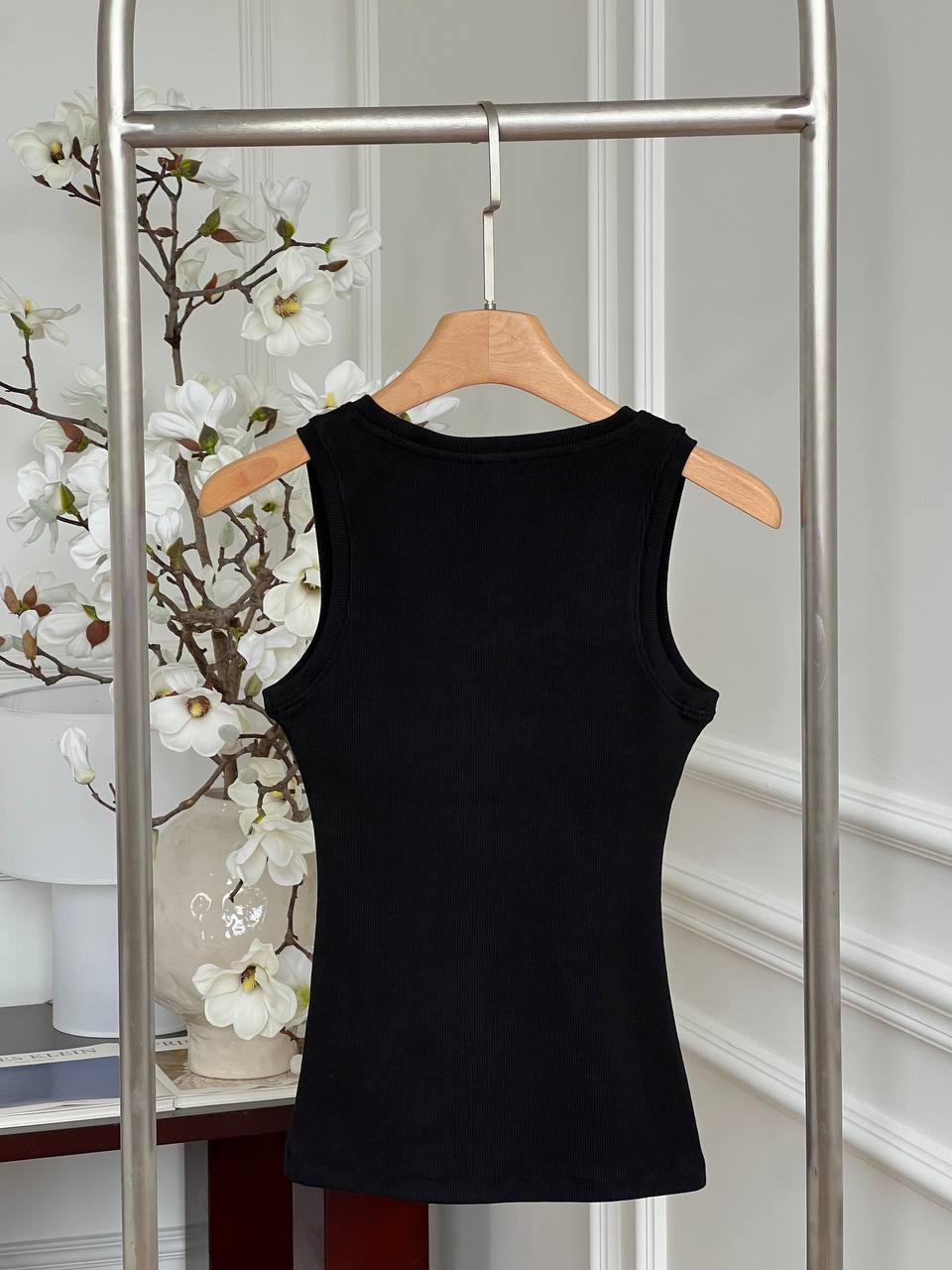 LOEWE Black Ribbed Knit U-Neck Wide Strap Tank Top With White Anagram Embroidery Logo