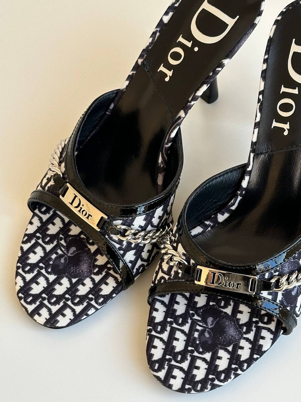 Dior Black & White Oblique Canvas Chain Logo Thin Heel Mule Slide Sandals