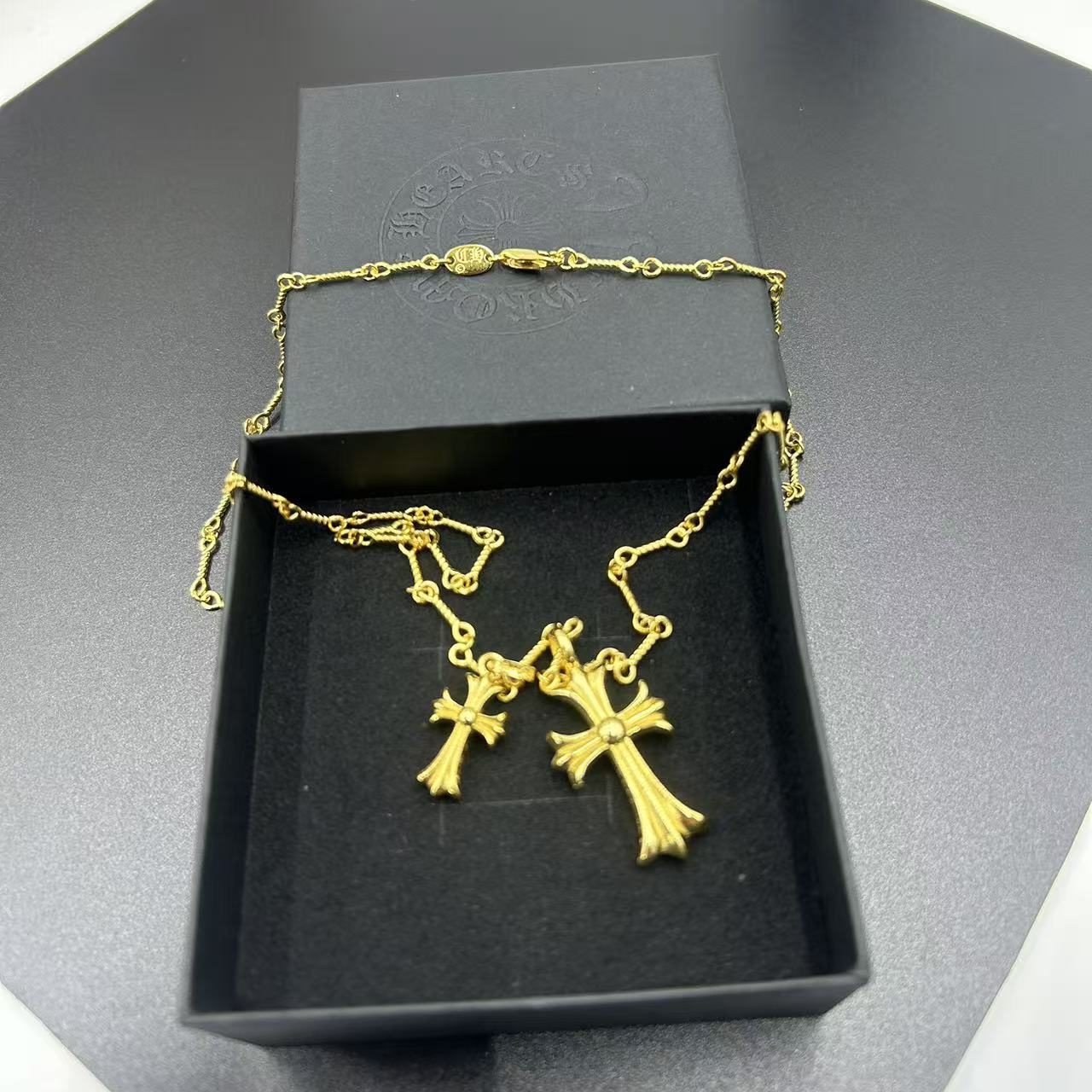 CHROME HEARTS 22K GOLD DOUBLE CROSS LAYERED NECKLACE WITH FULL DIAMOND EMBELLISHMENT