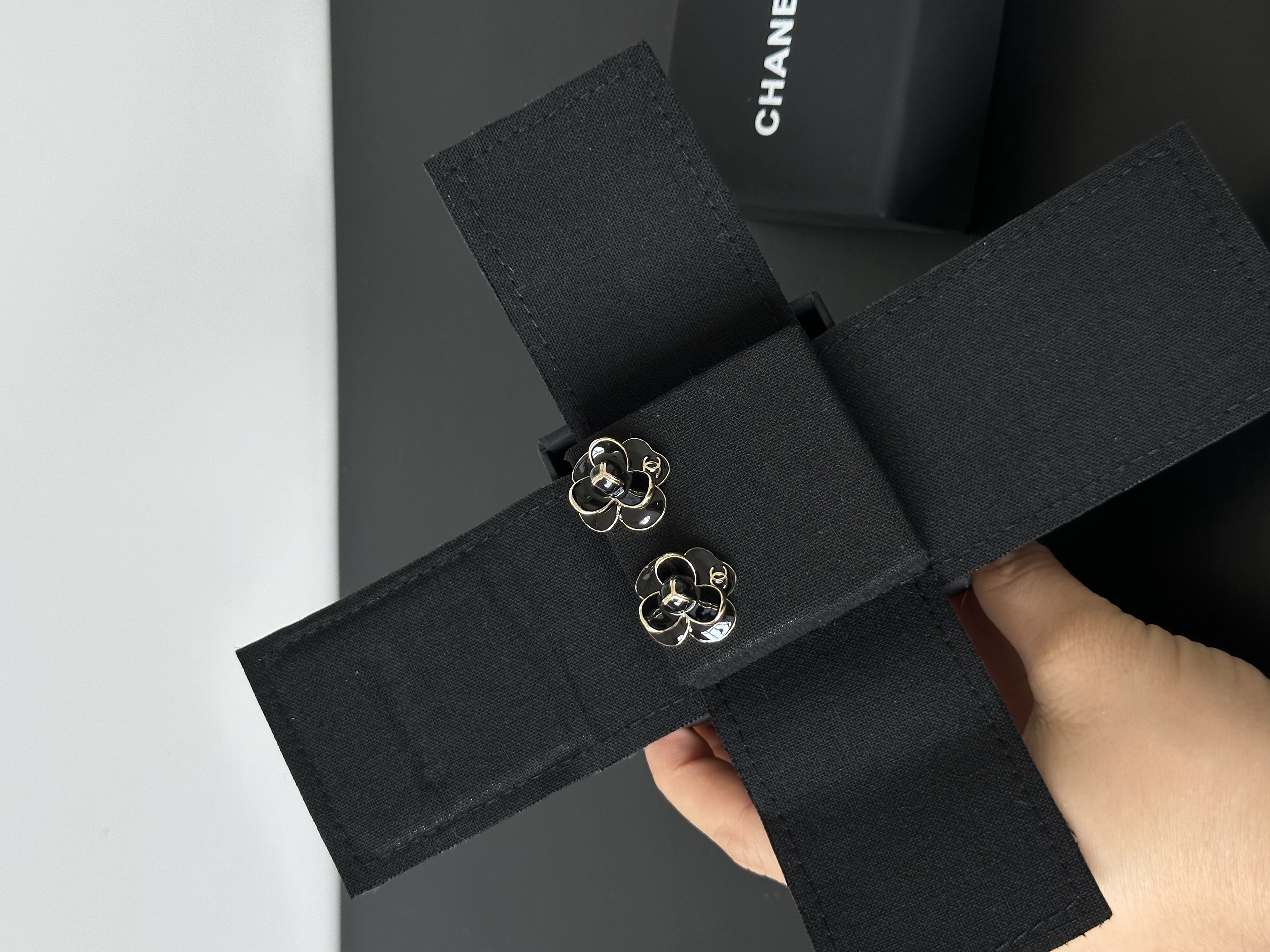 CHANEL Black Enamel Camellia CC Logo Stud Earrings