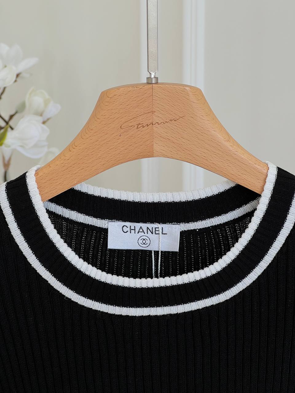 Chanel Black White Striped Interlocking CC Embroidery Ribbed Crew Neck Short Sleeve Knit Top