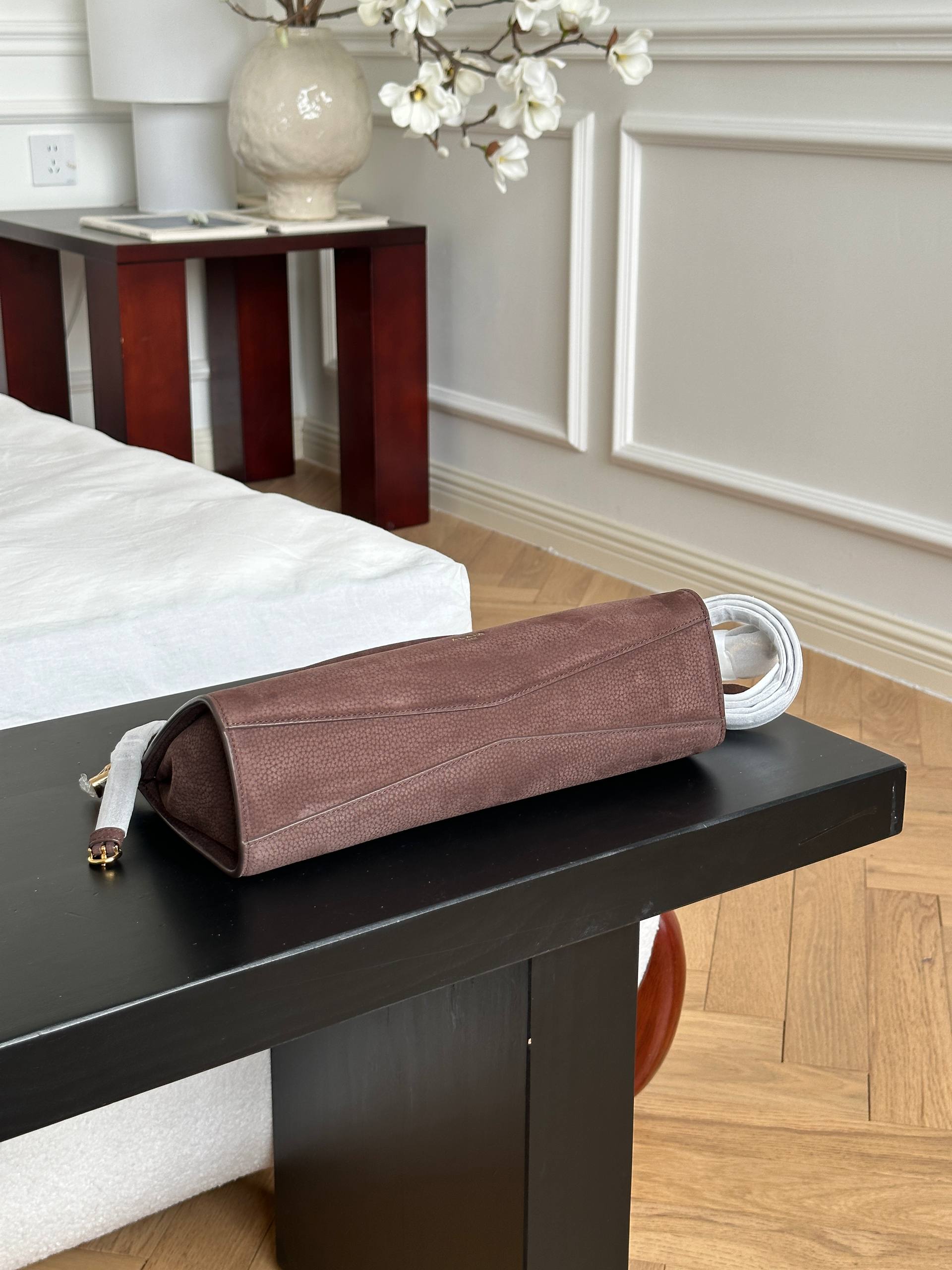 ALAIA Dark Brown Grained Leather Long Baguette Shoulder Bag