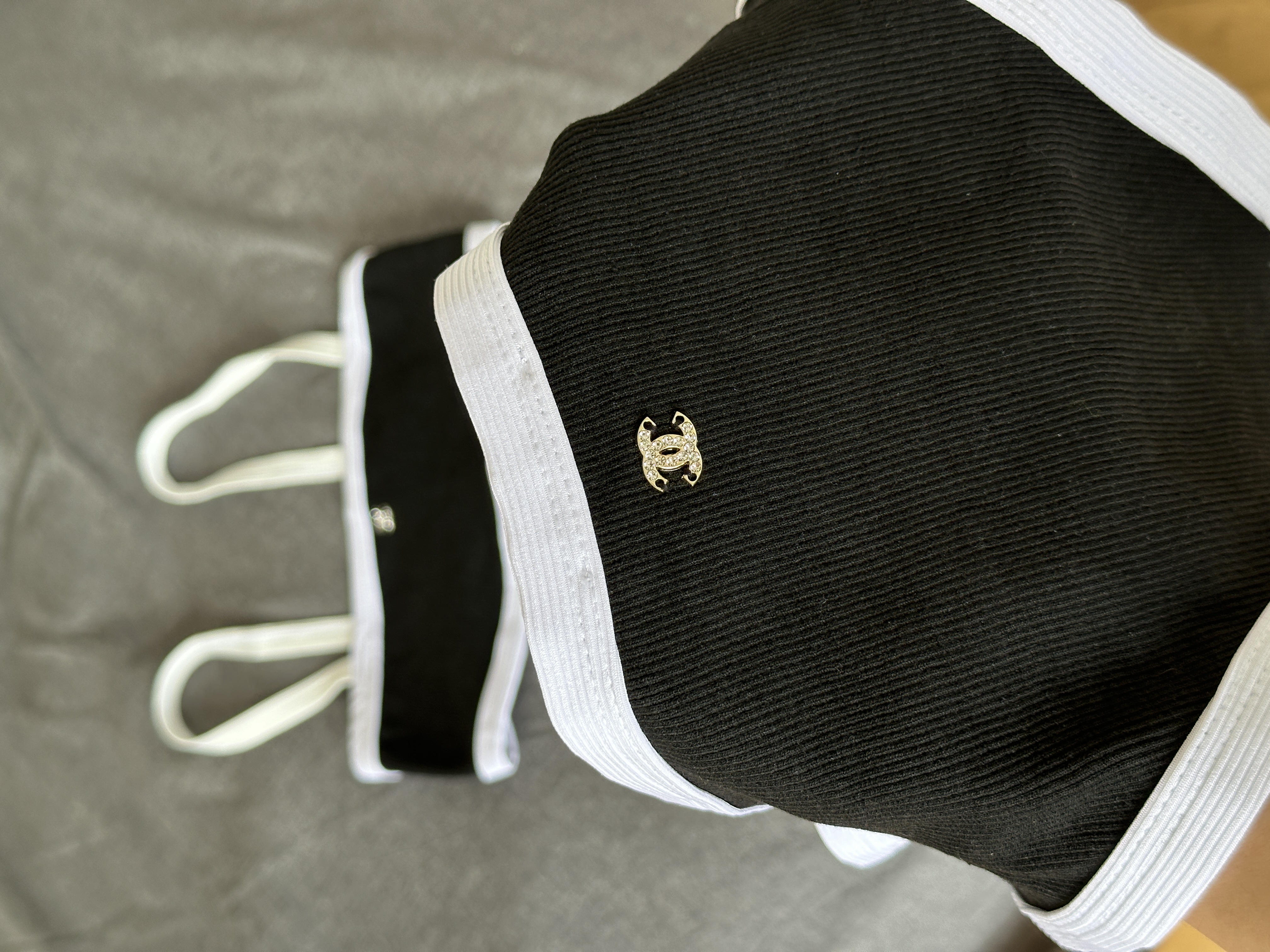 Chanel Black & White Ribbed Two-Piece Bikini Swimsuit with Crystal CC Logo