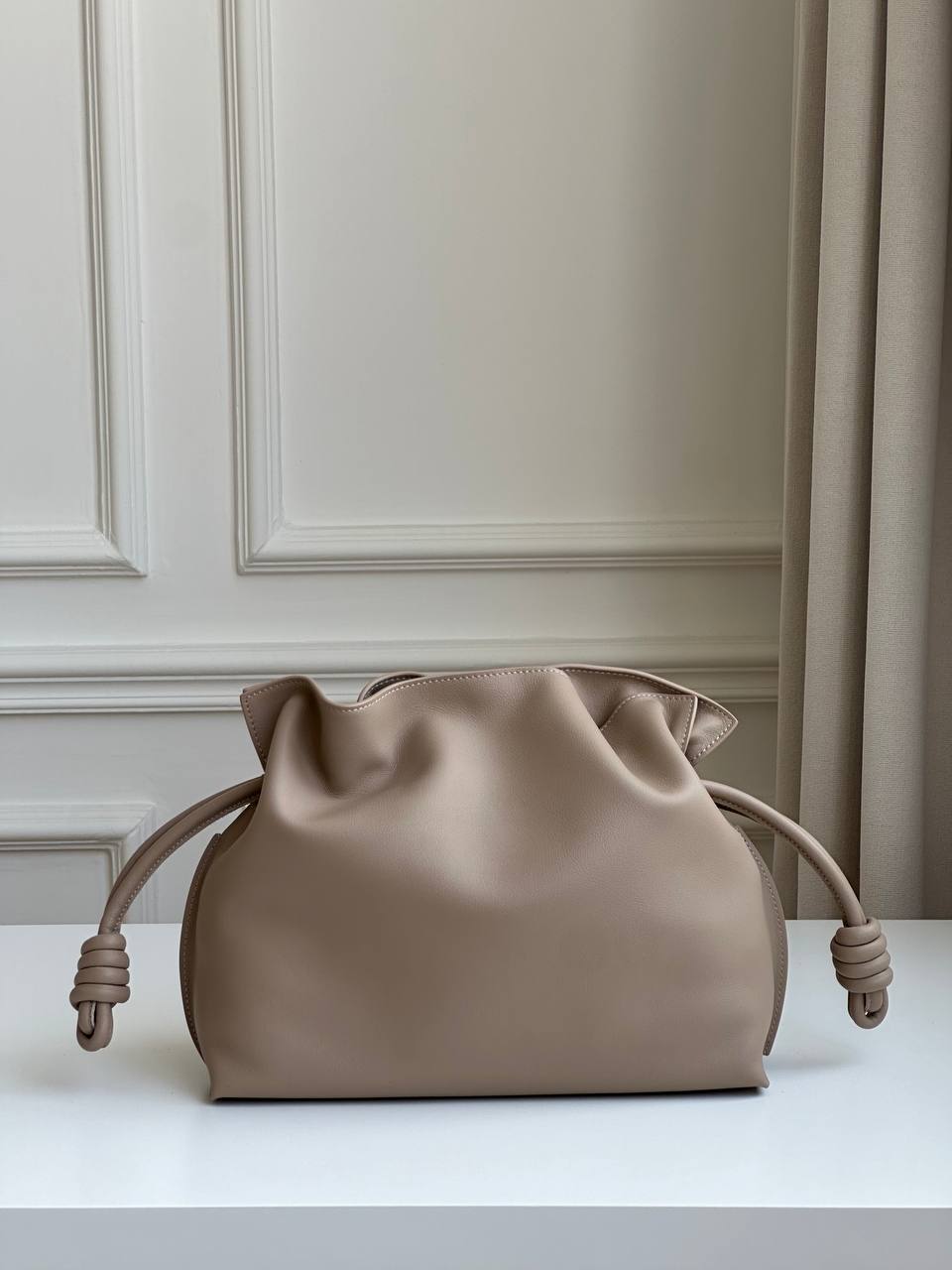 Bottega Veneta Milk Tea Smooth Lambskin Double Knot Drawstring Jodie Cloud Bag