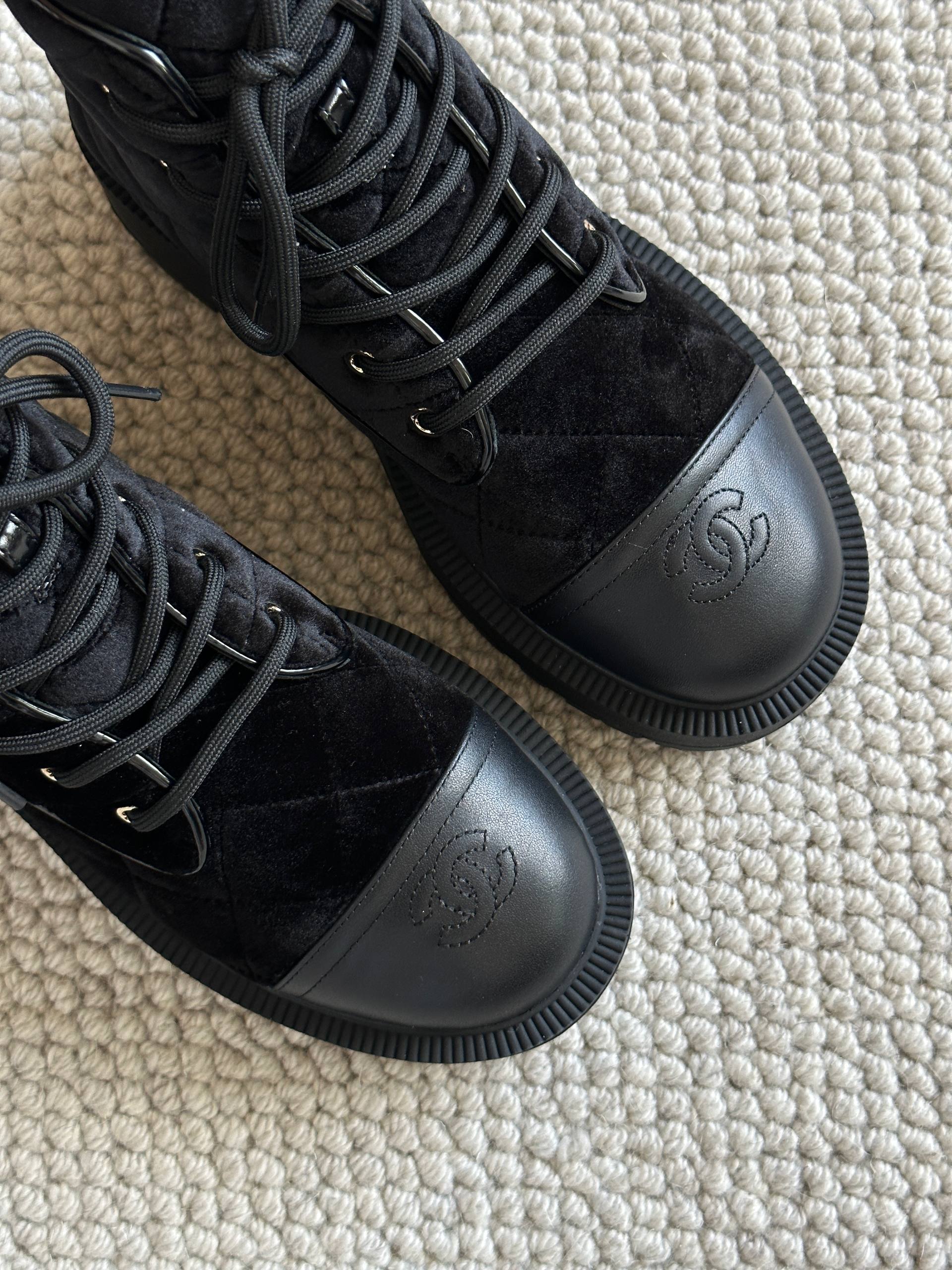 Chanel Black Velvet & Lambskin Quilted Platform Combat Ankle Boots