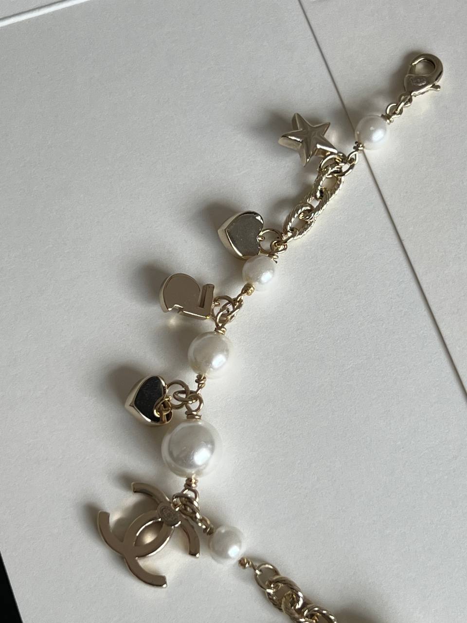 Chanel Light Gold Chain Bracelet With Crystal CC, Pearl, Star, Heart & No.5 Charms Adjustable