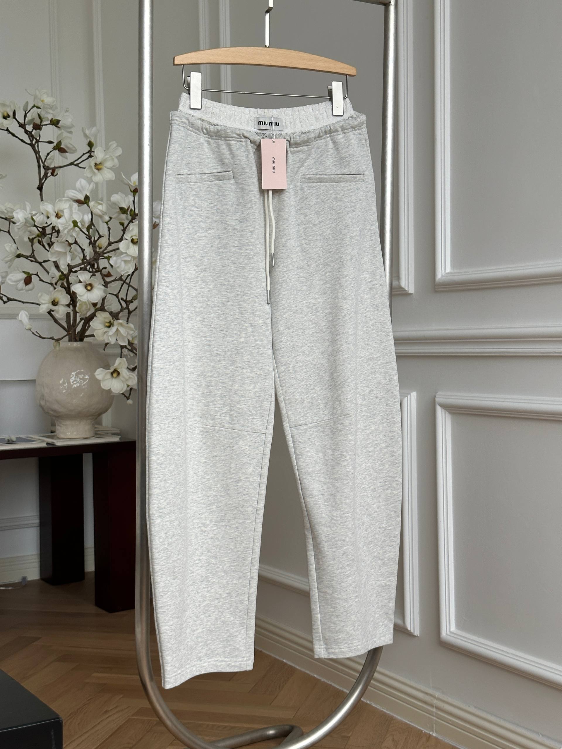 Miu Miu Light Heather Grey Drawstring Wide Leg Knit Sweatpants