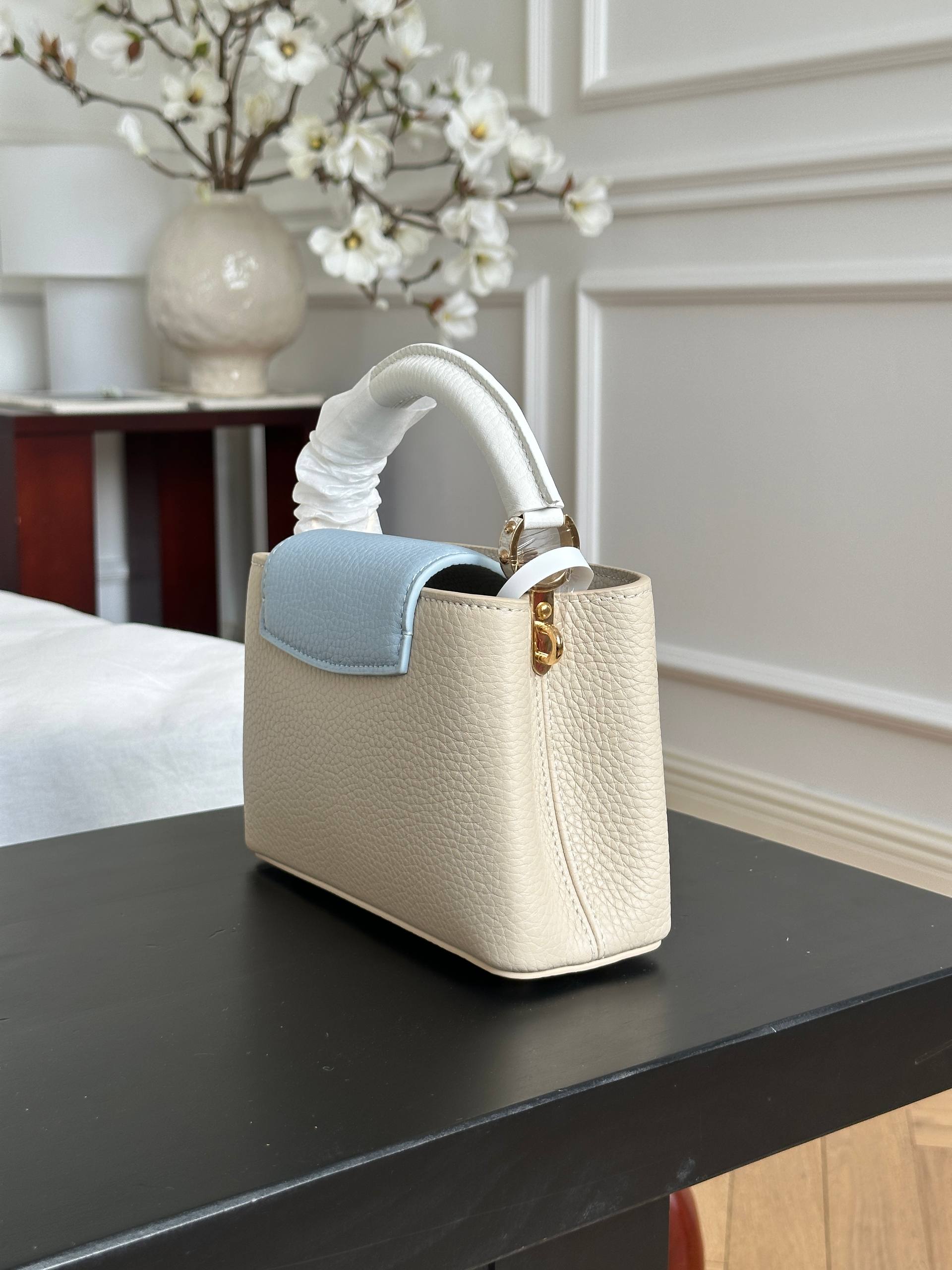 Louis Vuitton Capucines Mini Light Beige Taurillon Leather Handbag with Two Straps