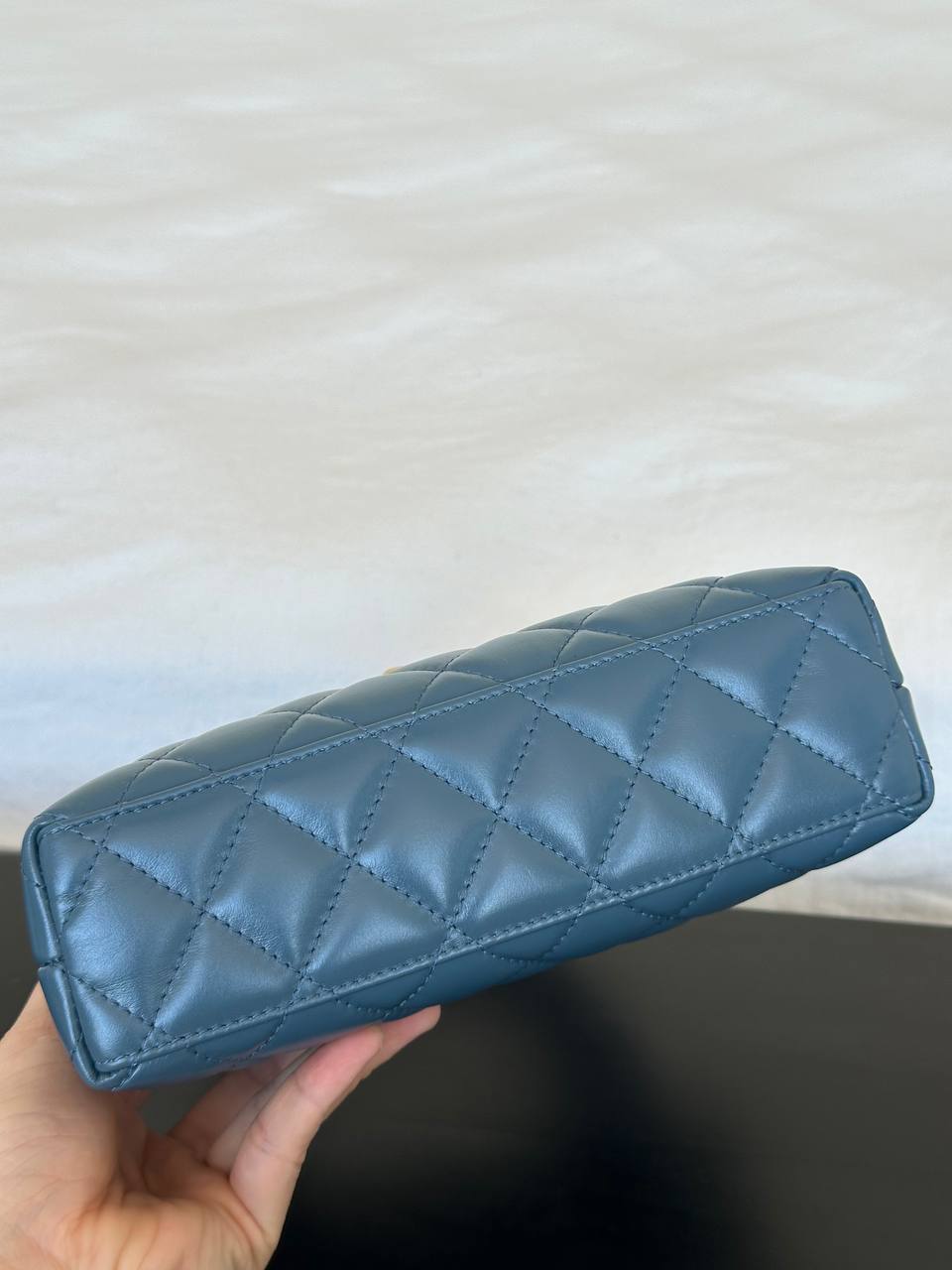 Chanel Smoky Blue Lambskin Quilted Mini Kelly Top Handle Bag