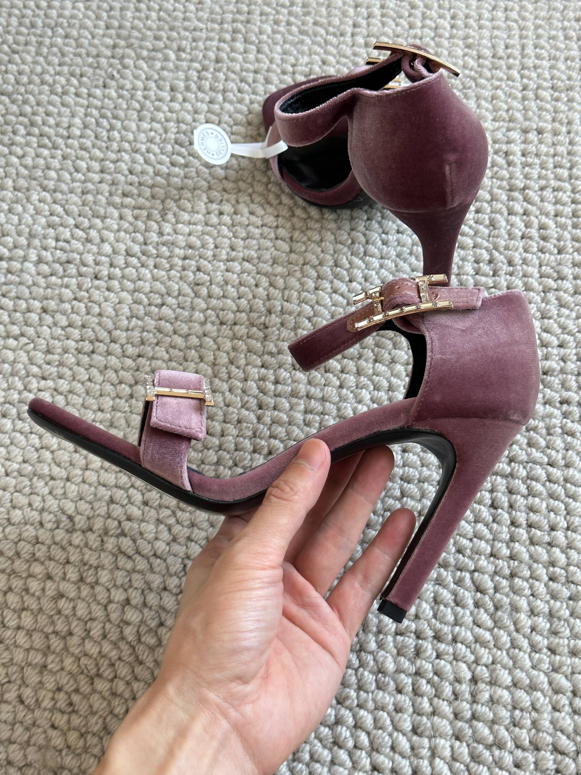 Hermès Dusty Pink Velvet Crystal H Buckle Block Heel Sandals