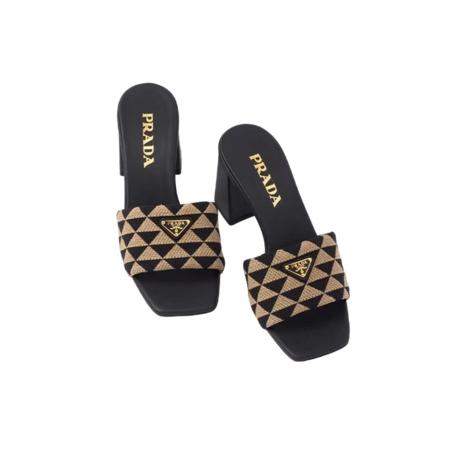 Prada Fabric Chunky Heels Sandals Slide