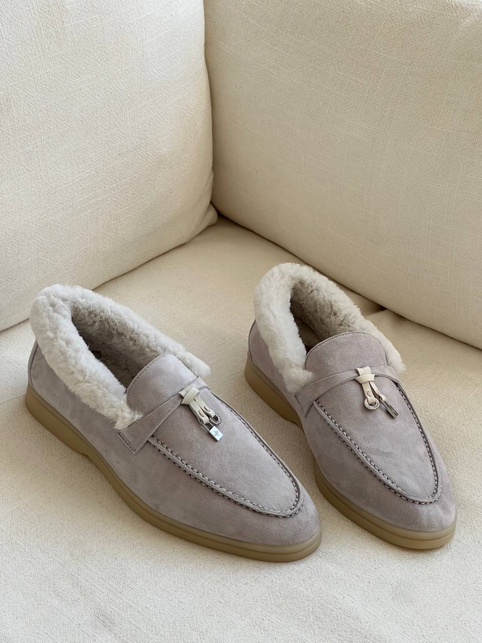 Loro Piana Light Grey Suede Shearling Lined Lock Detail Loafers