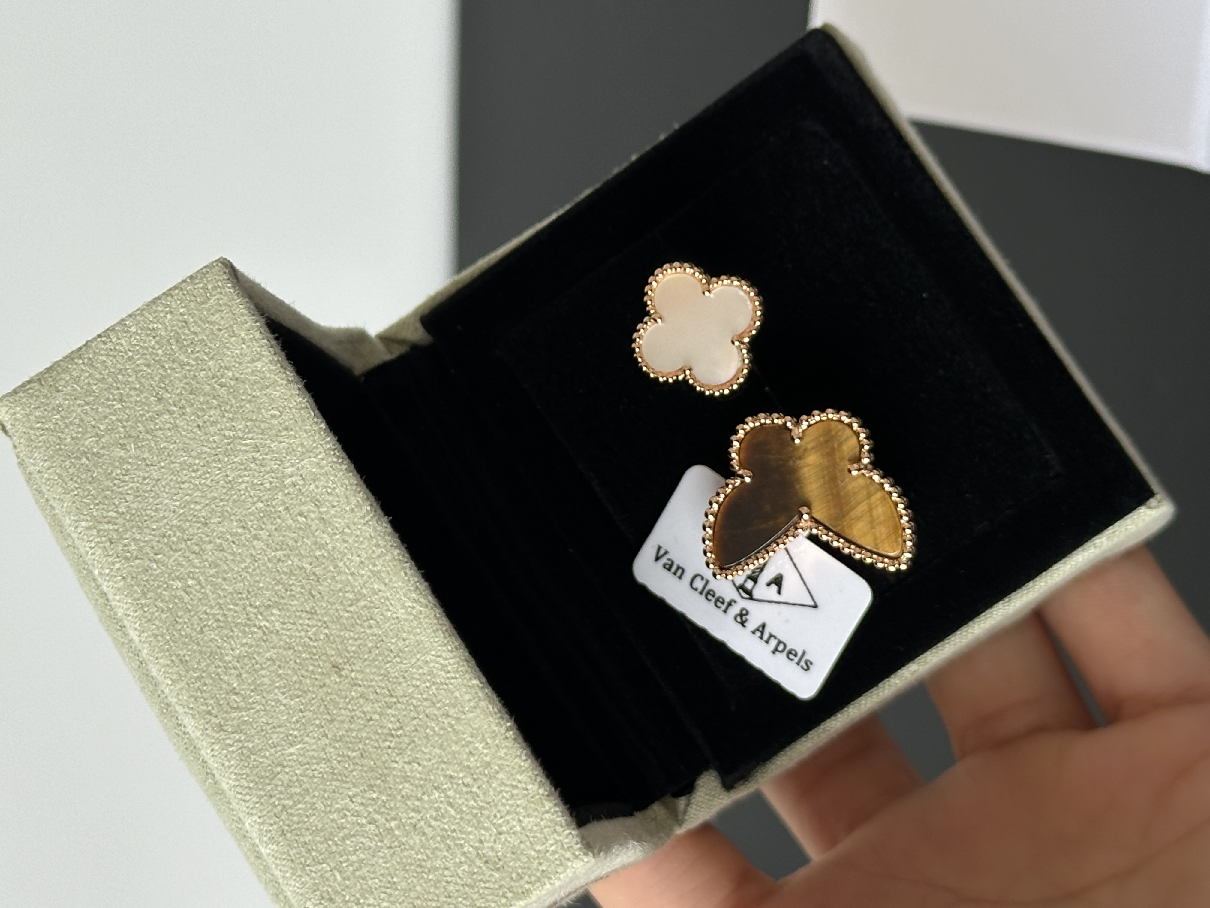 Van Cleef & Arpels Vintage Alhambra Rose Gold Asymmetric Tiger’s Eye & Mother-of-Pearl Clover Earrings