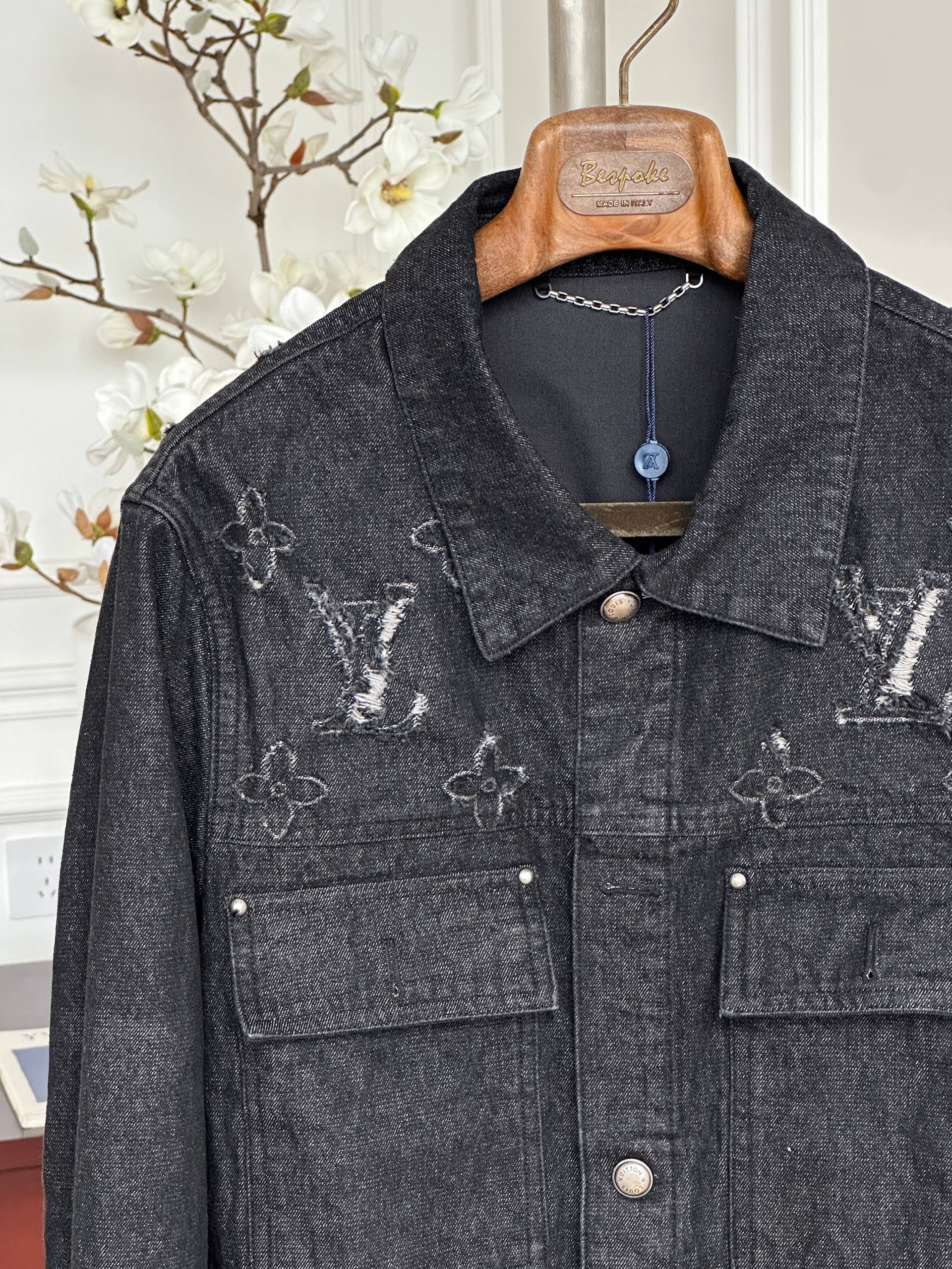 Louis Vuitton Black Washed Distressed LV Monogram Collar Denim Jacket