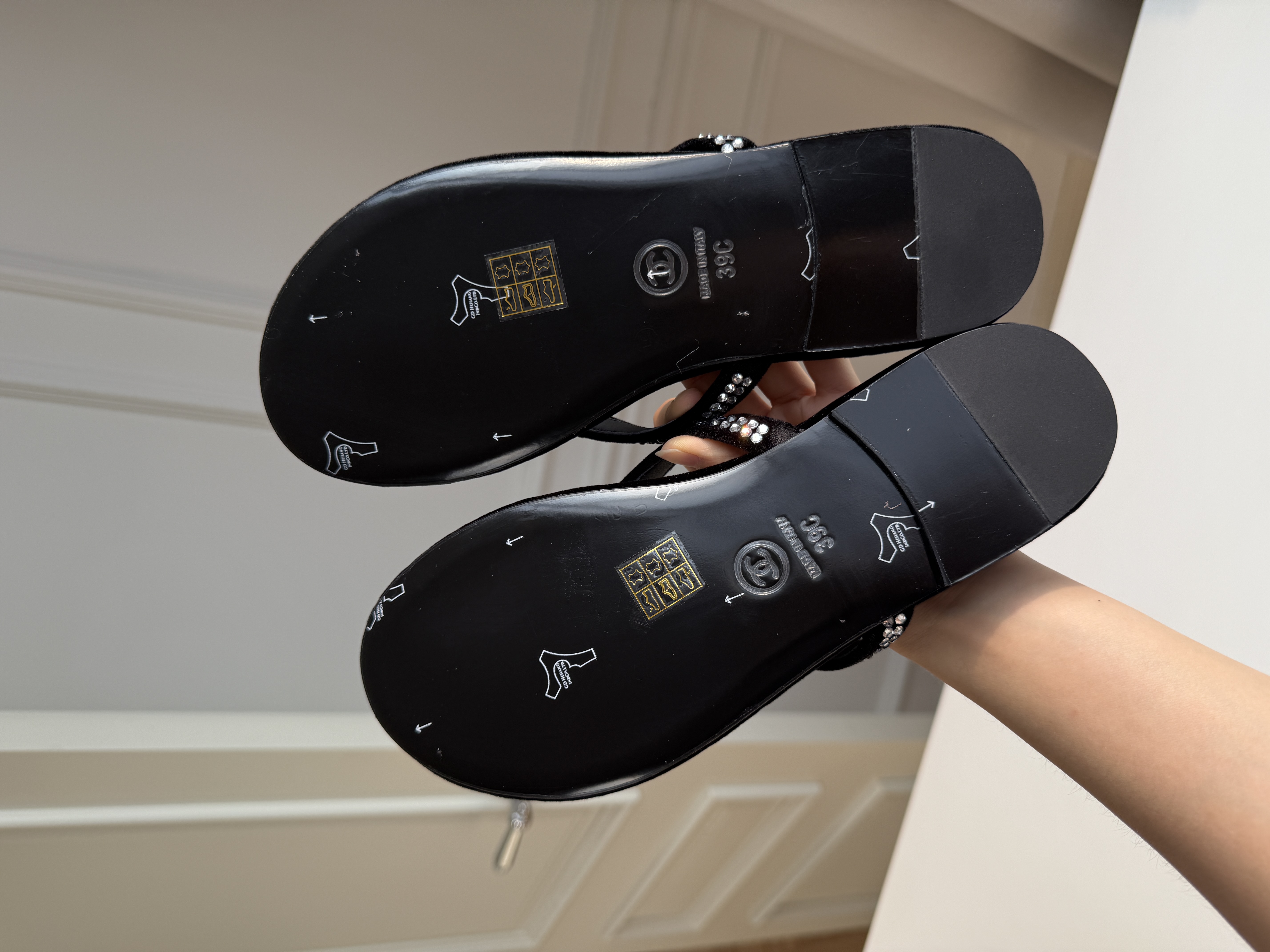 Chanel Velvet Flip-Flop Sandals with Strass and CC Logo