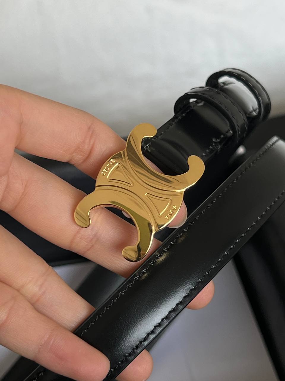 Celine Black Shiny Calfskin Triomphe Gold Buckle Belt For Women