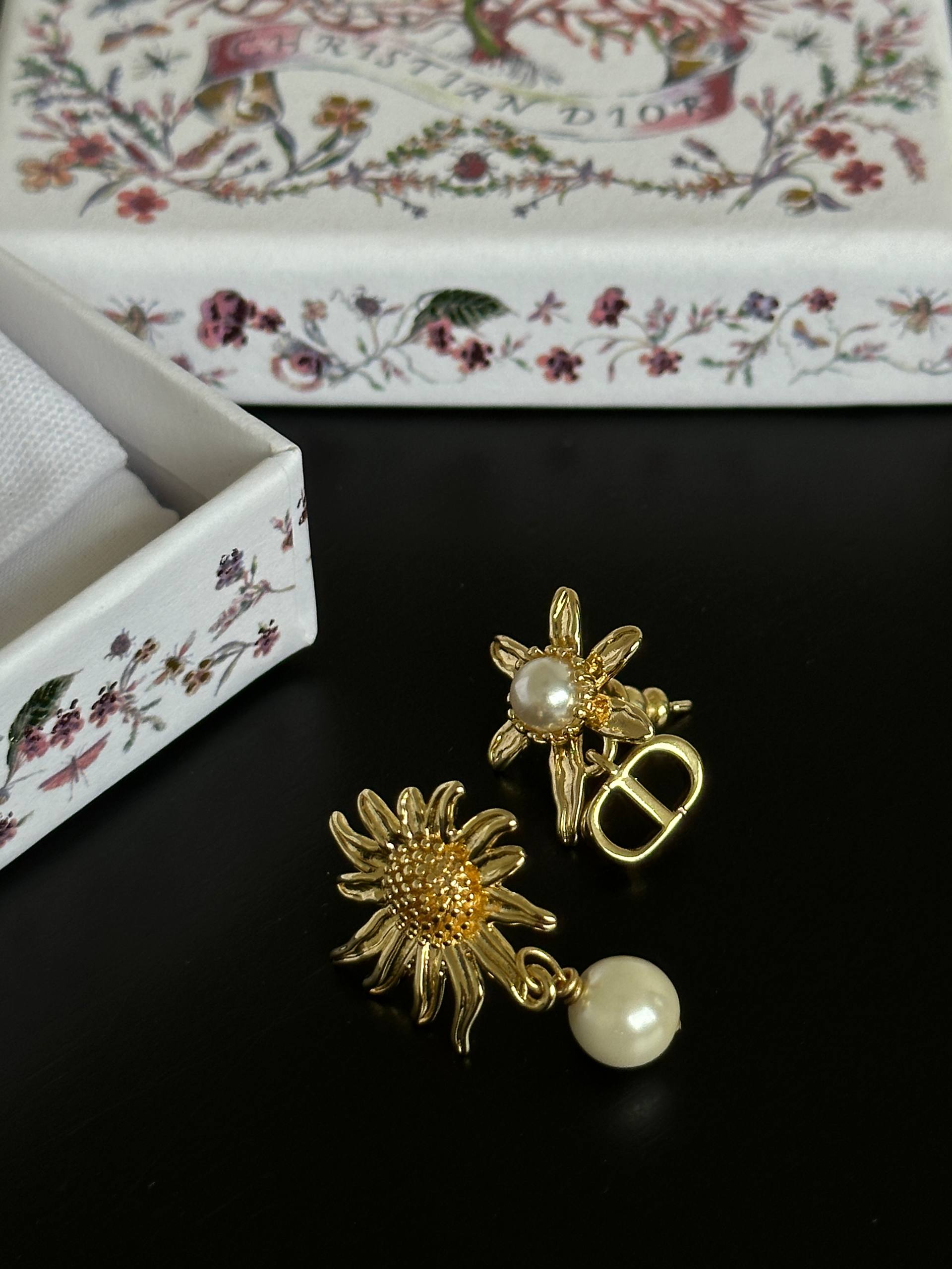 Dior Vintage Gold Asymmetric Daisy Pearl CD Logo Earrings