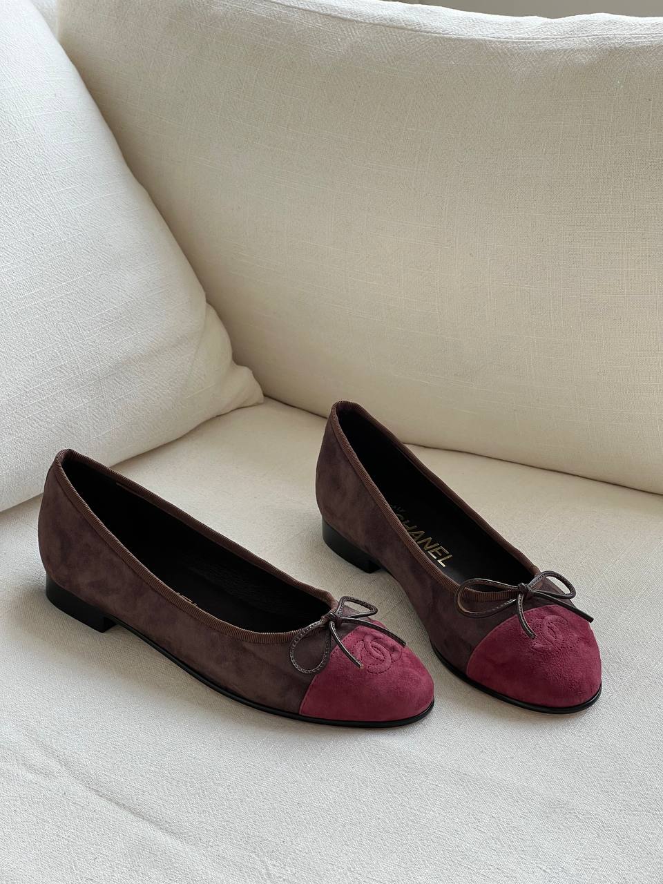 Chanel Dark Brown & Wine Red Contrast Suede Bow CC Logo Flat Ballet Flats