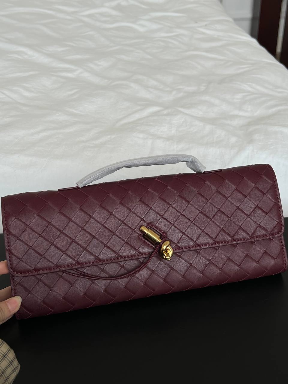 Bottega Veneta Burgundy Intrecciato Woven Lambskin Flap Long Clutch Handbag