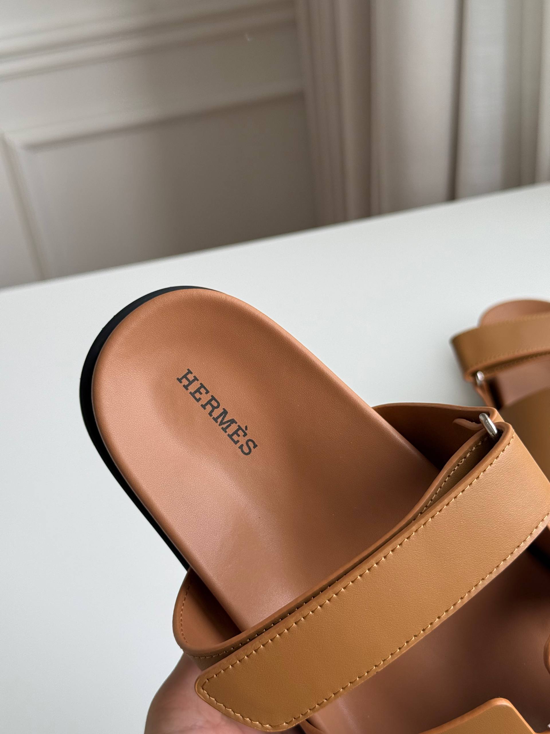 HERMÈS Chypre Calfskin Sandals with Adjustable Velcro Strap