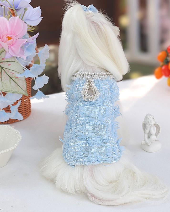 Light Blue Tweed Pearl Bow Dress Frayed Edge Elegant Formal Outfit for Small Dogs Cats - MAISONKAIRON