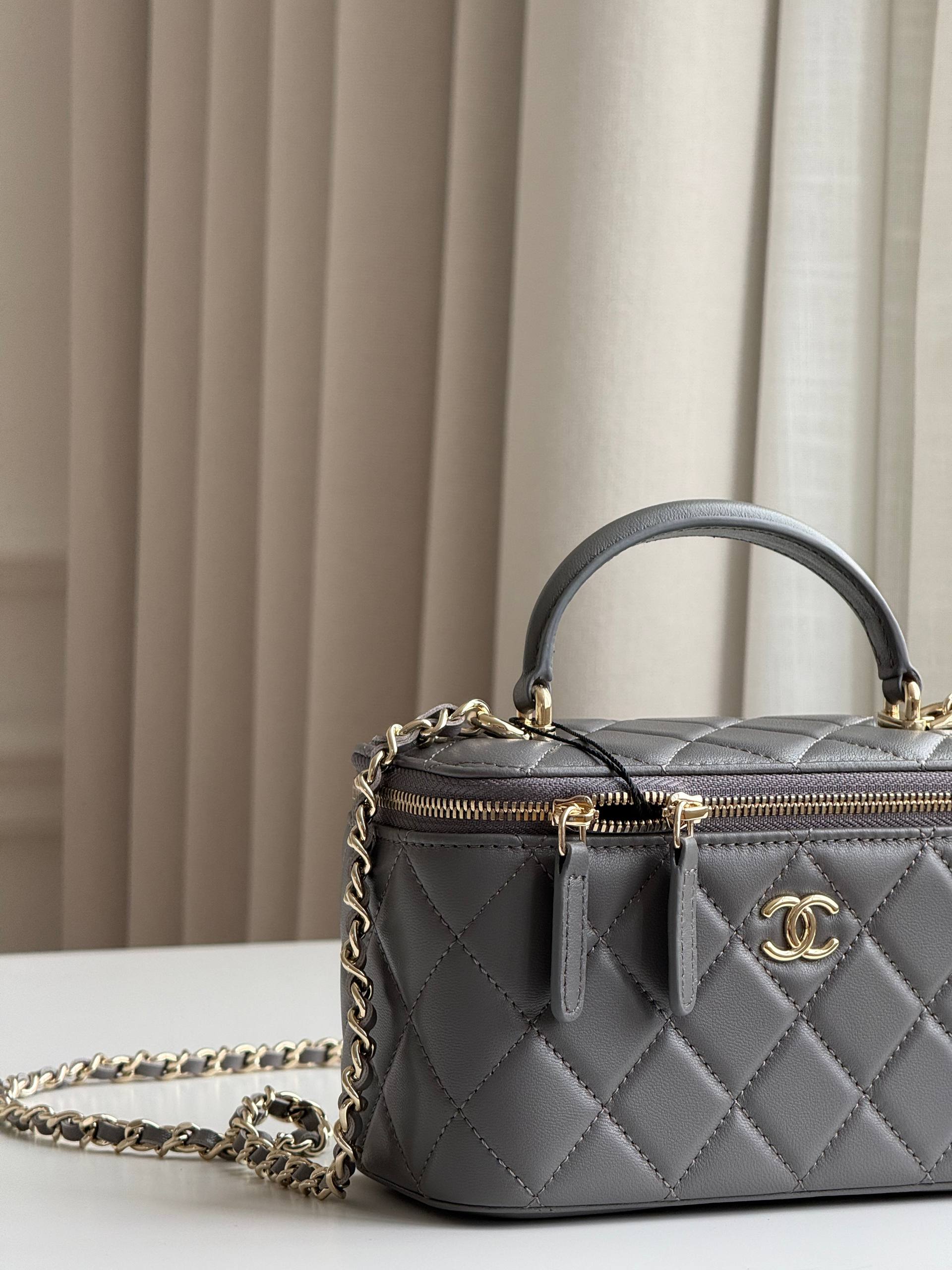 CHANEL Grey Quilted Lambskin Vanity Case with Top Handle & Chain Strap