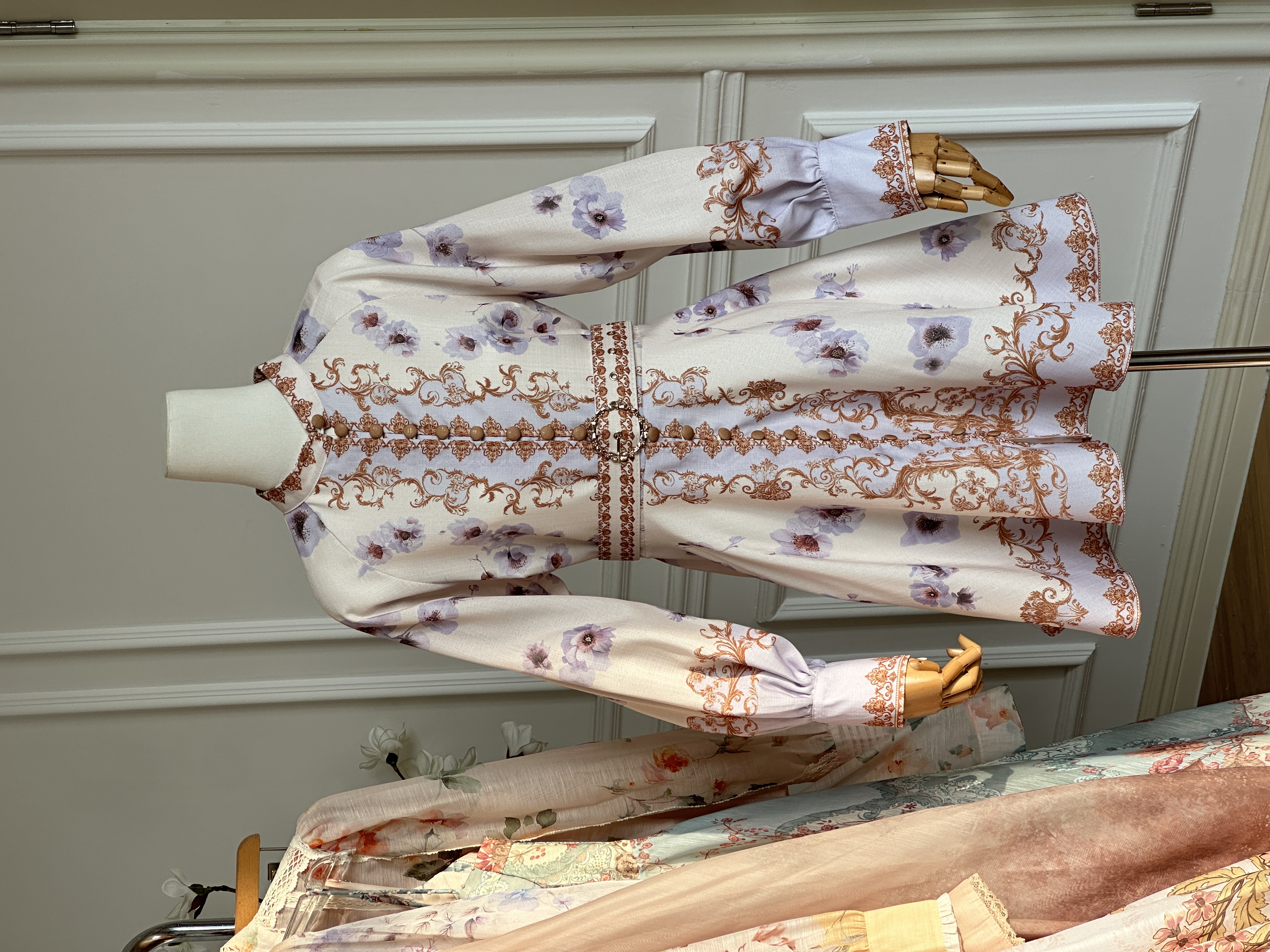 Stand Collar Vintage Baroque Floral Single-breasted Waisted Lantern Sleeve Mini Dress