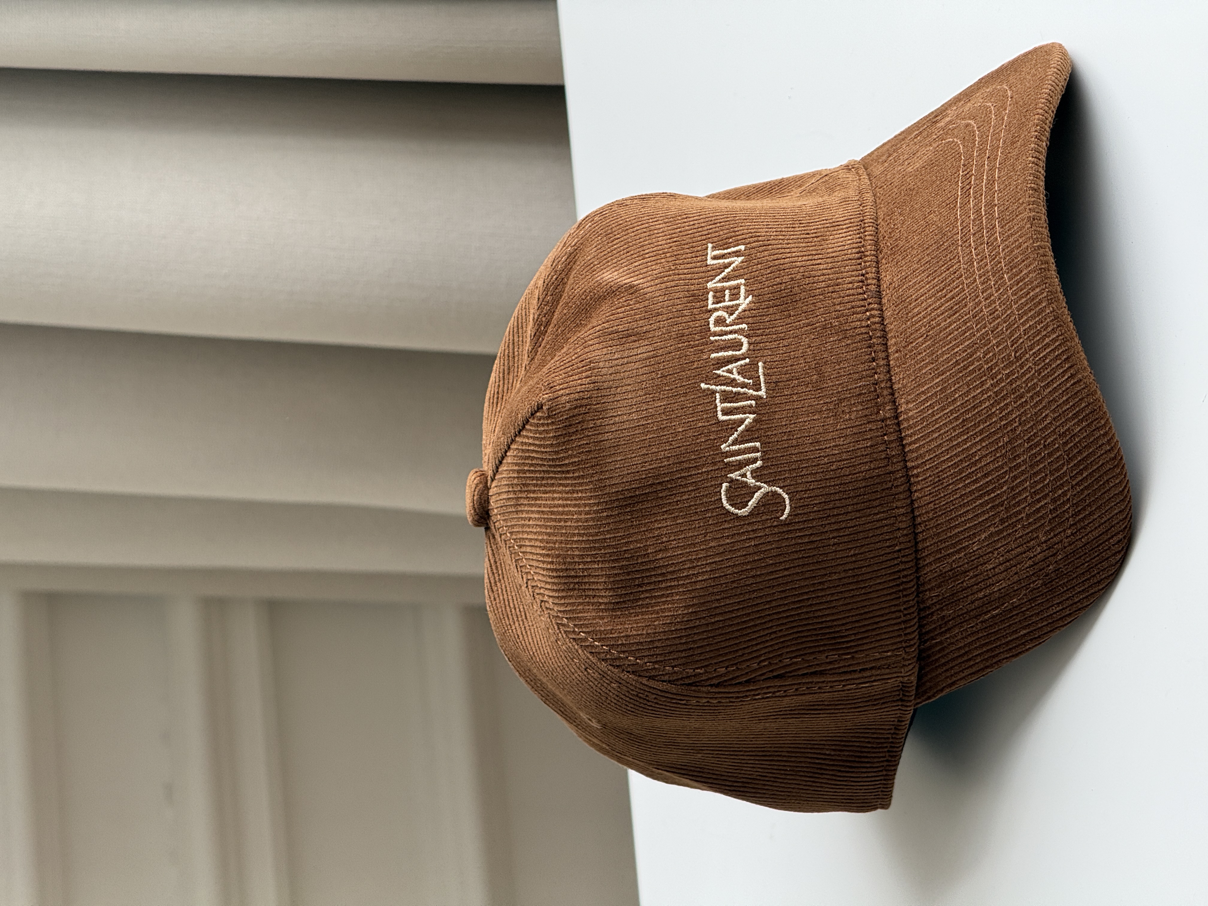 Saint Laurent Caramel Brown Corduroy Script Logo Soft Baseball Cap