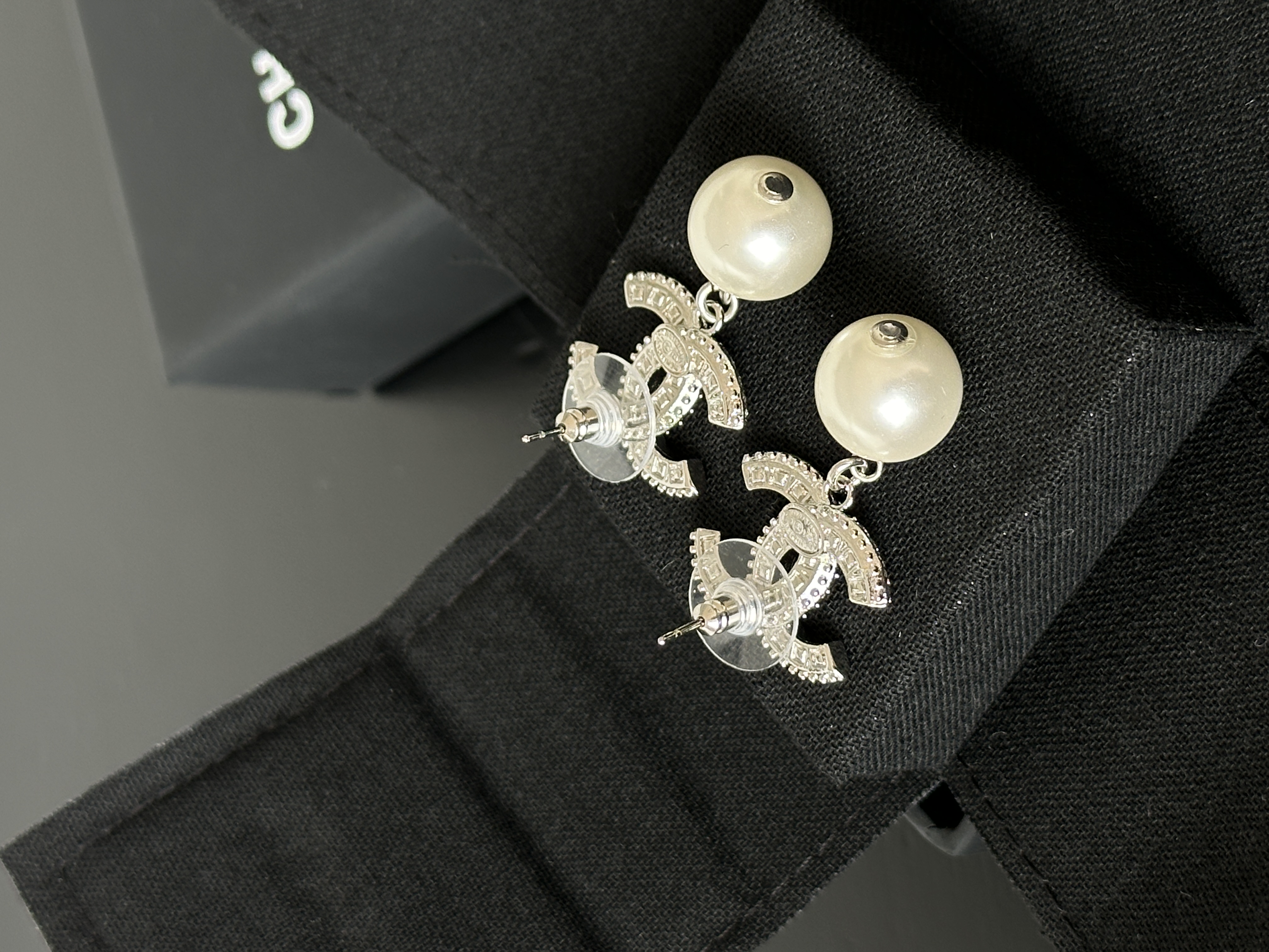 CHANEL Crystal CC Logo Faux Pearl Drop Earrings