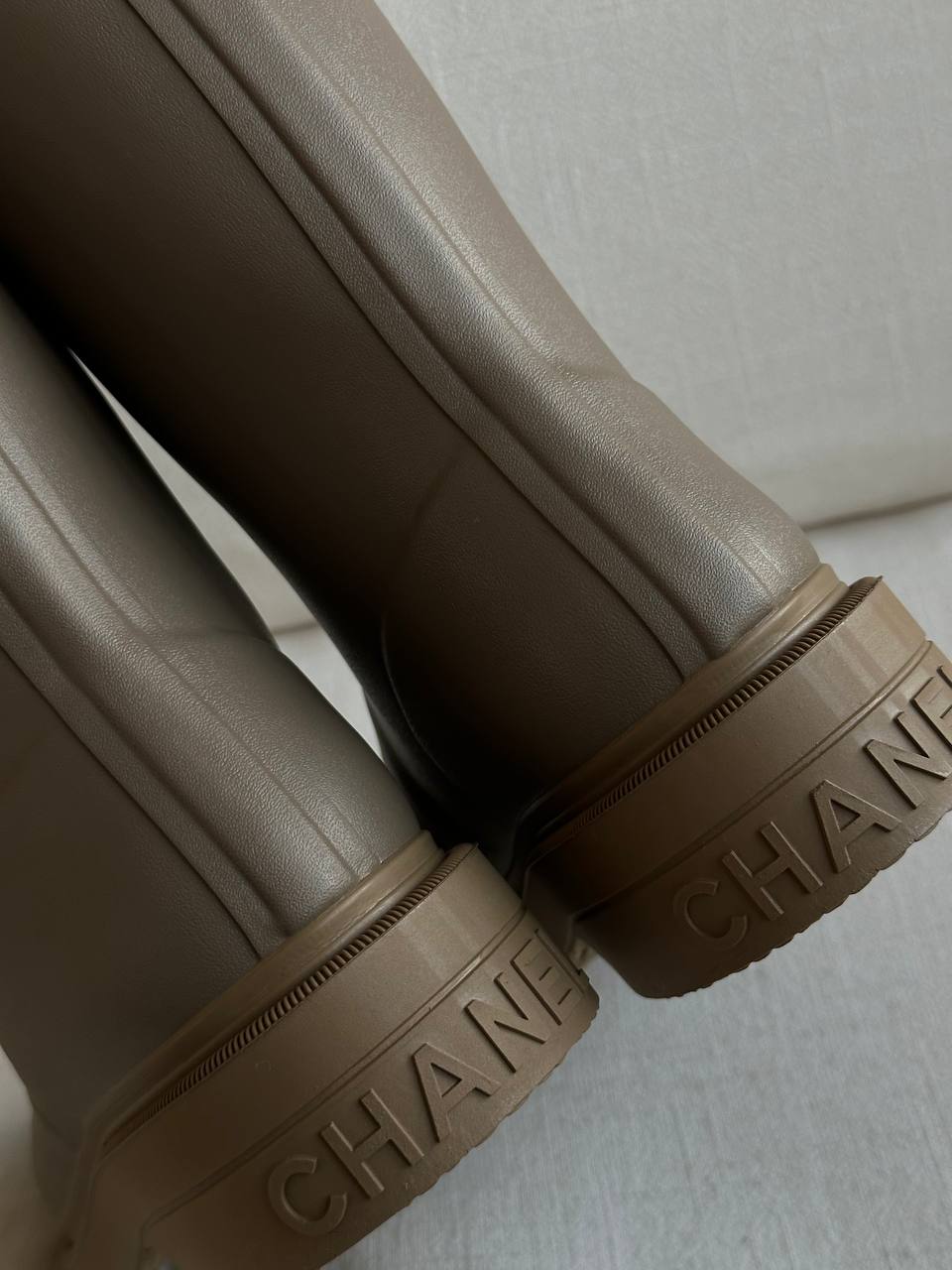 Chanel Mocha Brown CC Logo Block Heel Tall Waterproof Rain Boots