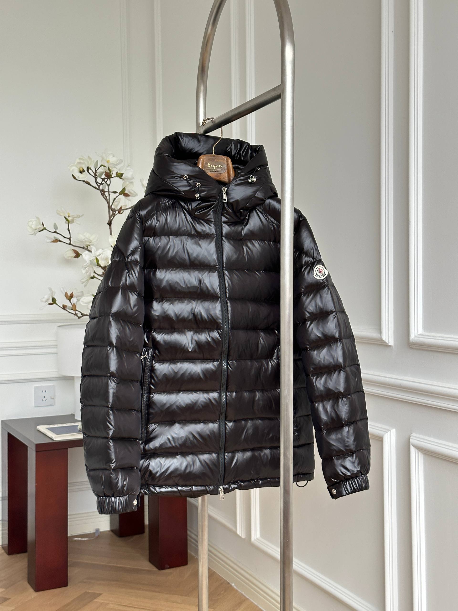 Moncler Black Shiny Quilted Hooded Light Down Jacket