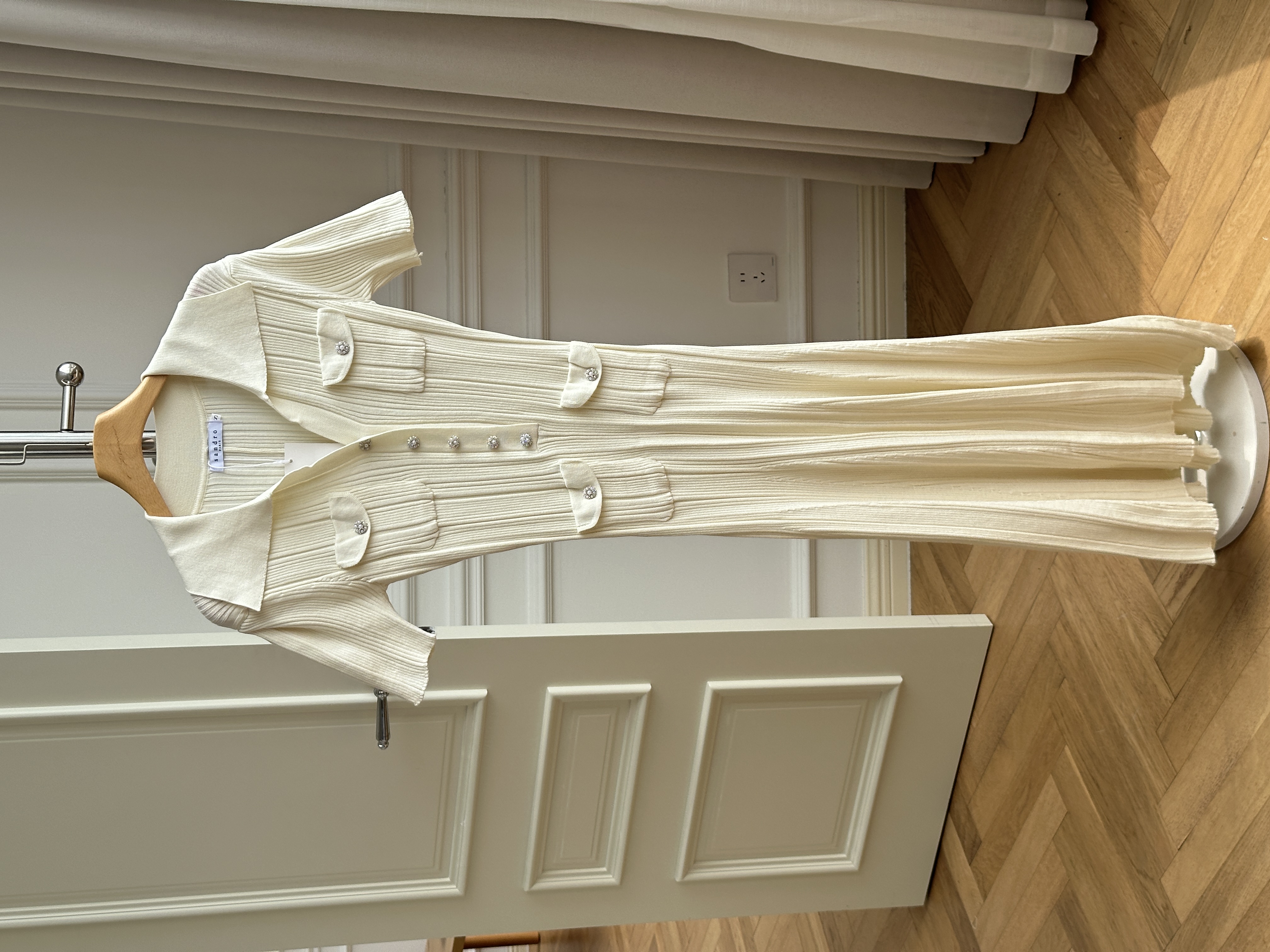 Sandro Ribbed Knit Polo Collar Midi Dress with Crystal Buttons