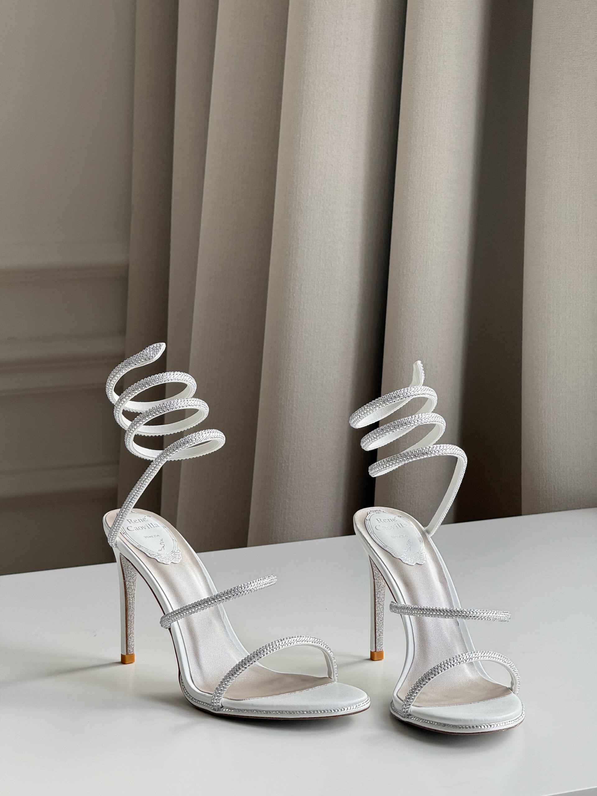 René Caovilla Cleo Crystal-Embellished White Satin Sandals