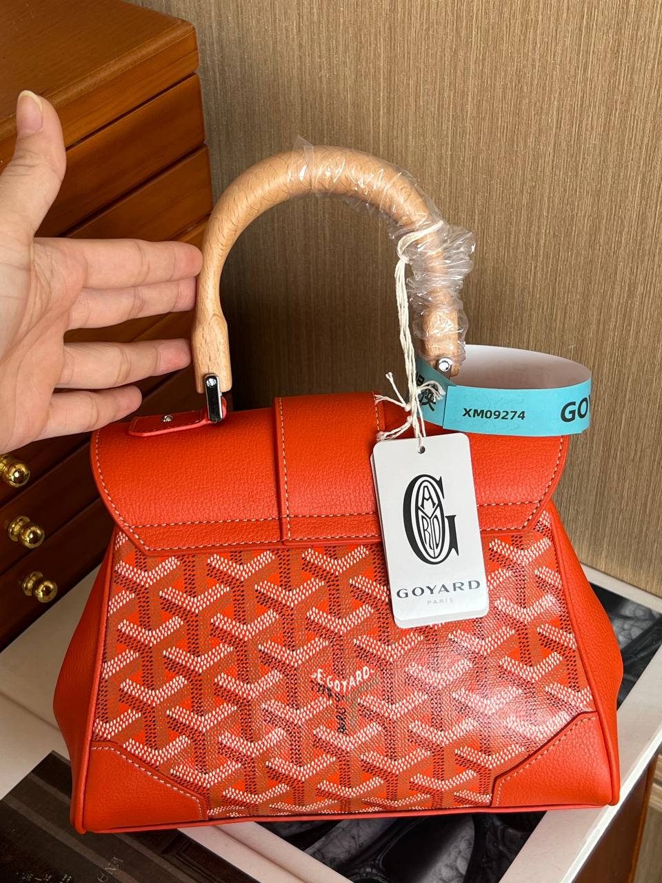 Goyard Orange Goyardine Saigon Handbag with Wooden Handle