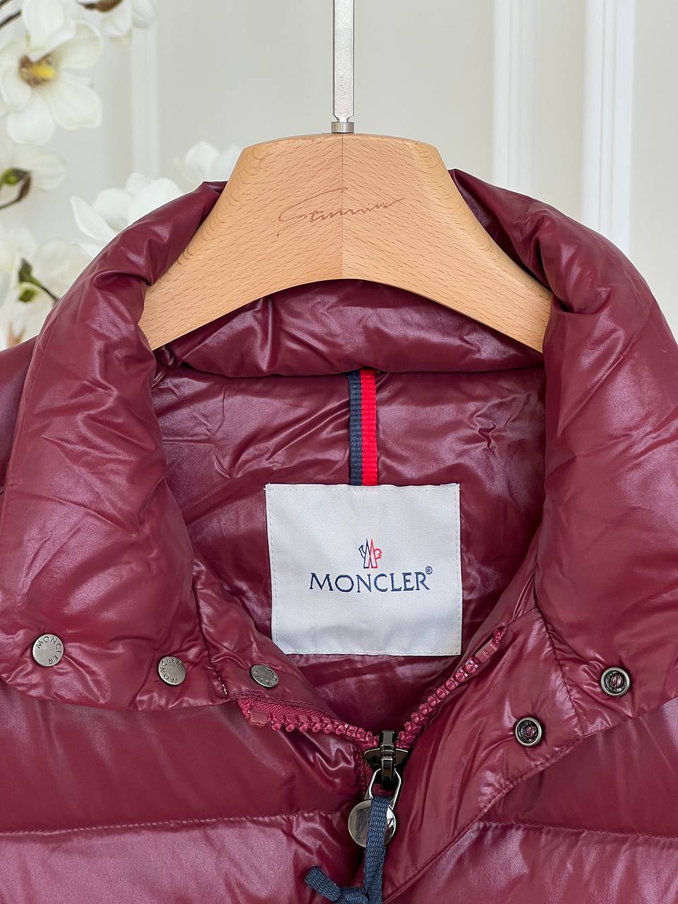 Moncler Burgundy Shiny Nylon Stand Collar Light Down Gilet Vest