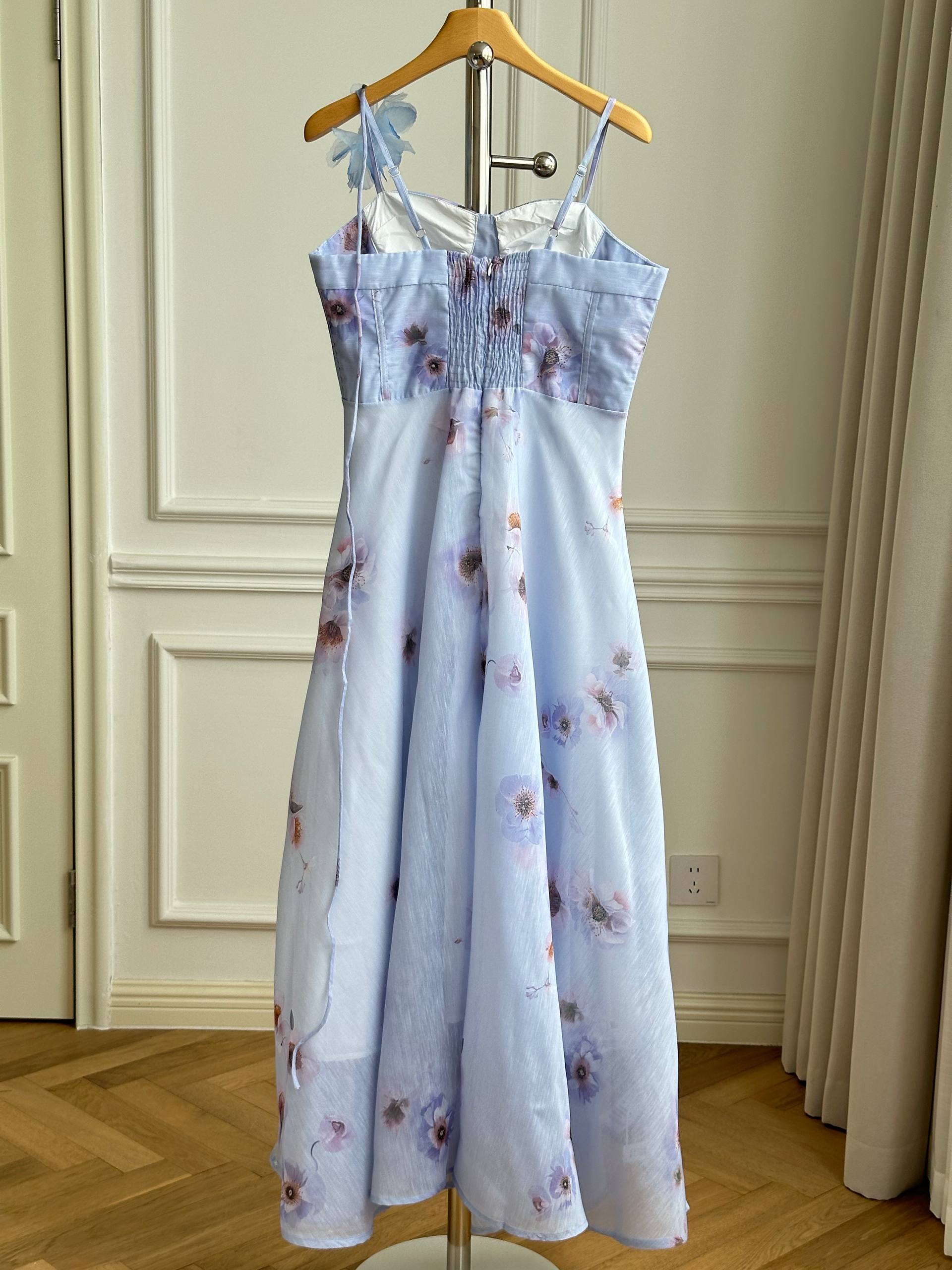 Light Blue Ink Floral Corset Spaghetti Strap Maxi Dress