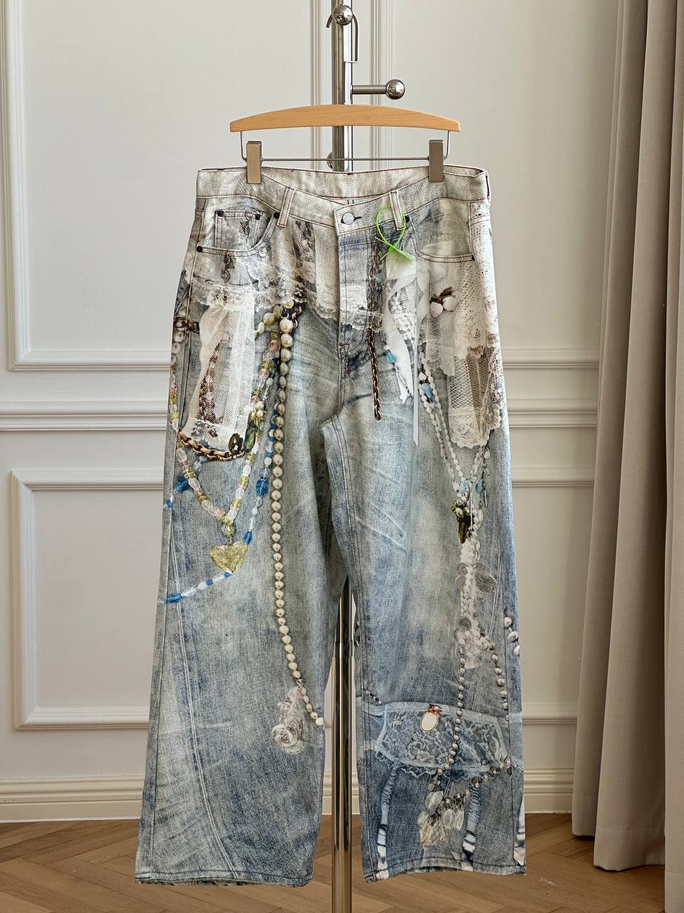 Acne Studios 25FW 2006 Wide-Leg Curved Jeans with Trompe-l'oeil Lace & Pearl Print