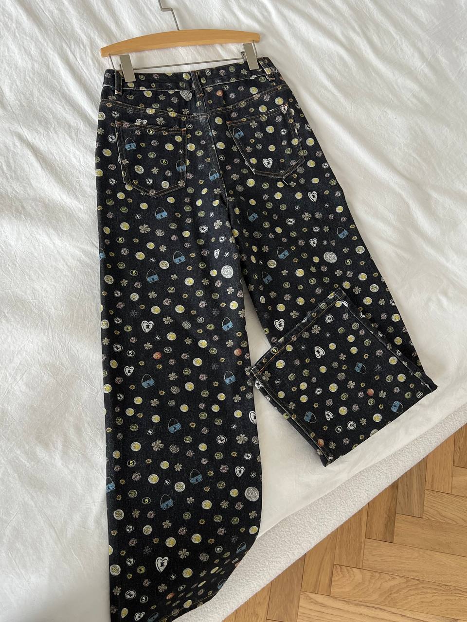 Chanel Dark Denim Playful Multi-pattern Printed Wide-Leg Jeans