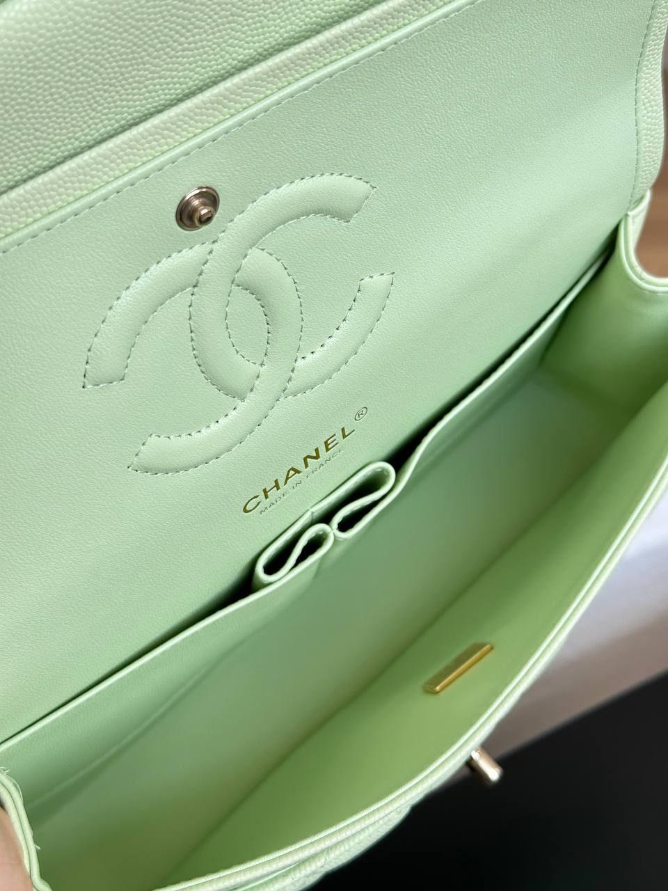 CHANEL Classic Flap Light Green Caviar Quilted Leather Bag with Light Gold Hardware