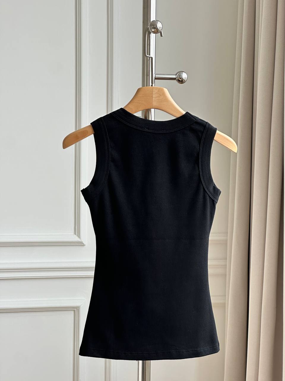 Miu Miu Black Ribbed Knit U-Neck Wide Strap Tank Top With White Embroidery Logo