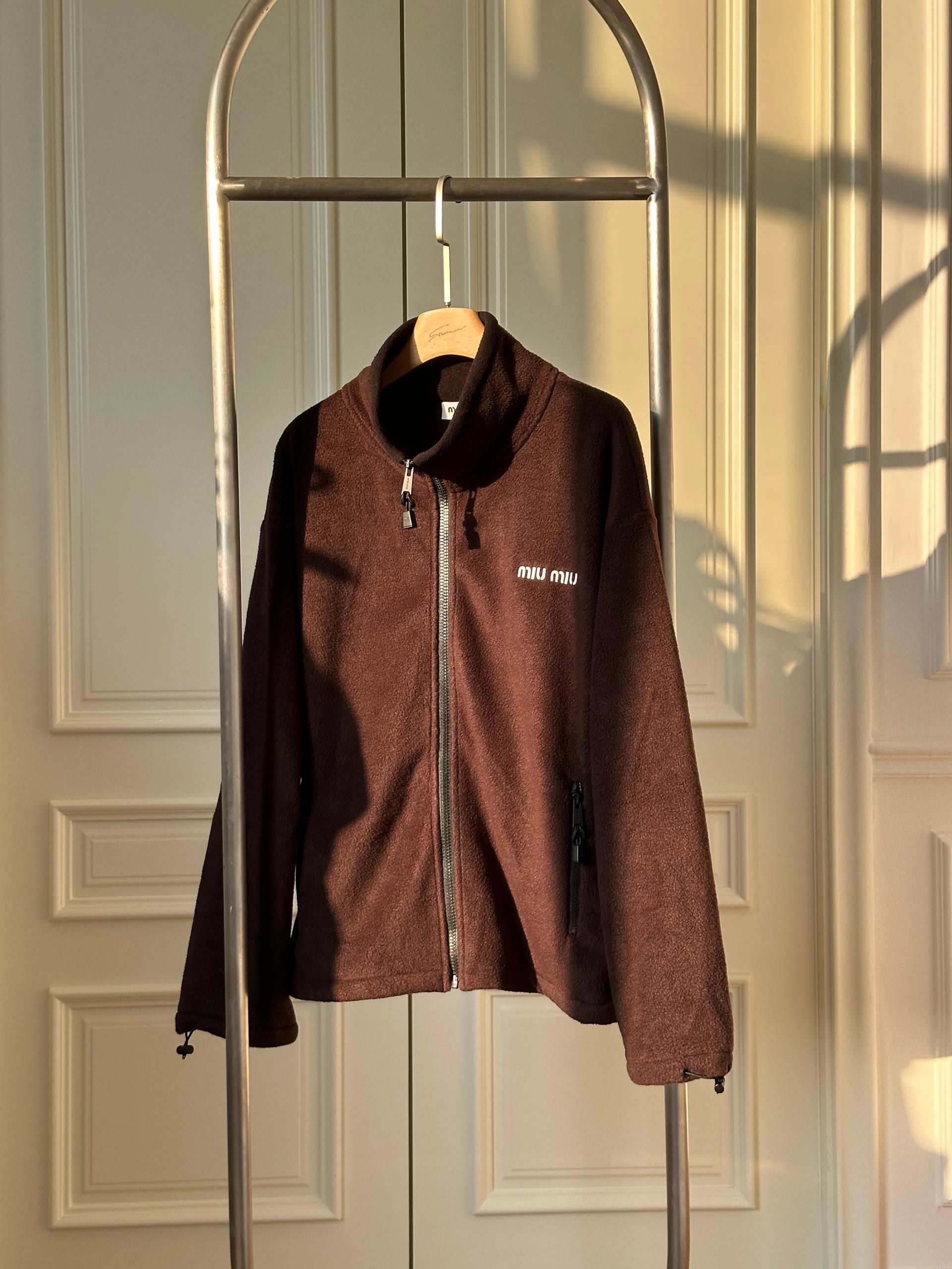 Miu Miu Stand Collar Fleece Zip Jacket with Chest Logo Embroidery