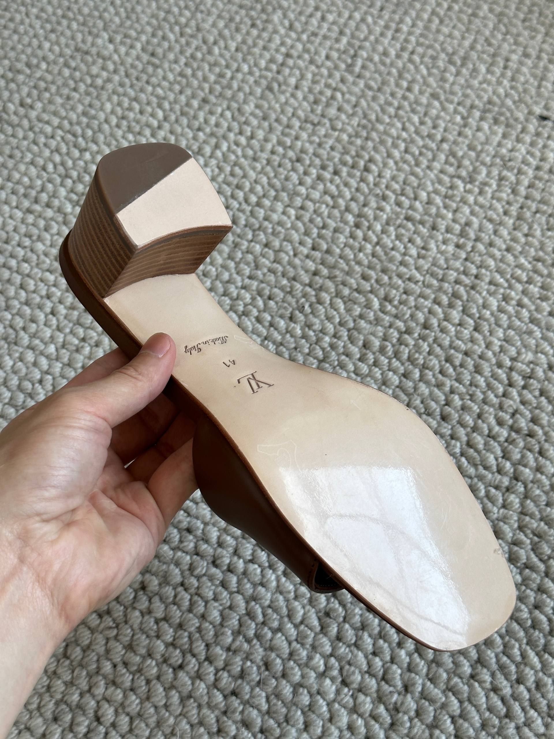 Louis Vuitton Dark Brown Calf Leather LV Logo Block Heel Mules